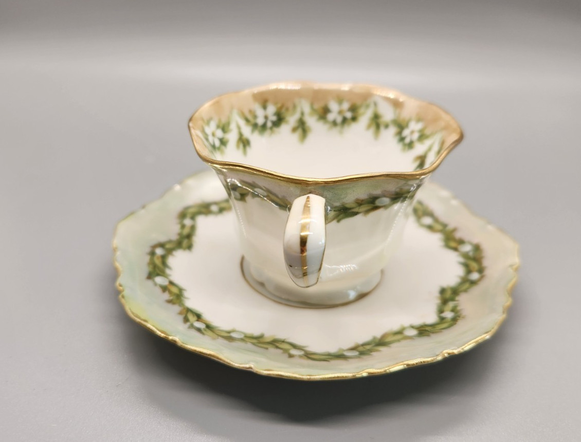 Antique R.S. Prussia (Red Mark) Small Teacup & Saucer Green Floral Garland C1900
