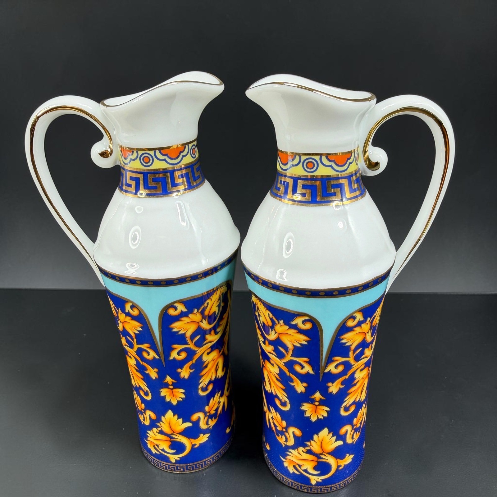 Limoges Casa Elite Bacchus God of Wine Cruet Set 2 Porcelain Jars Blue Gold