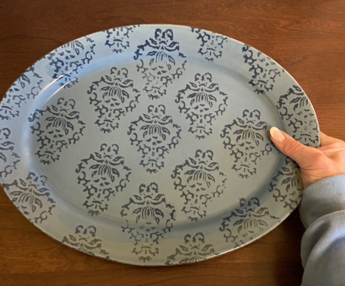 MATCERAMICA PORTUGAL 15.5” STONEWARE BLUE STENCIL PATTERN OVAL SERVING PLATTER
