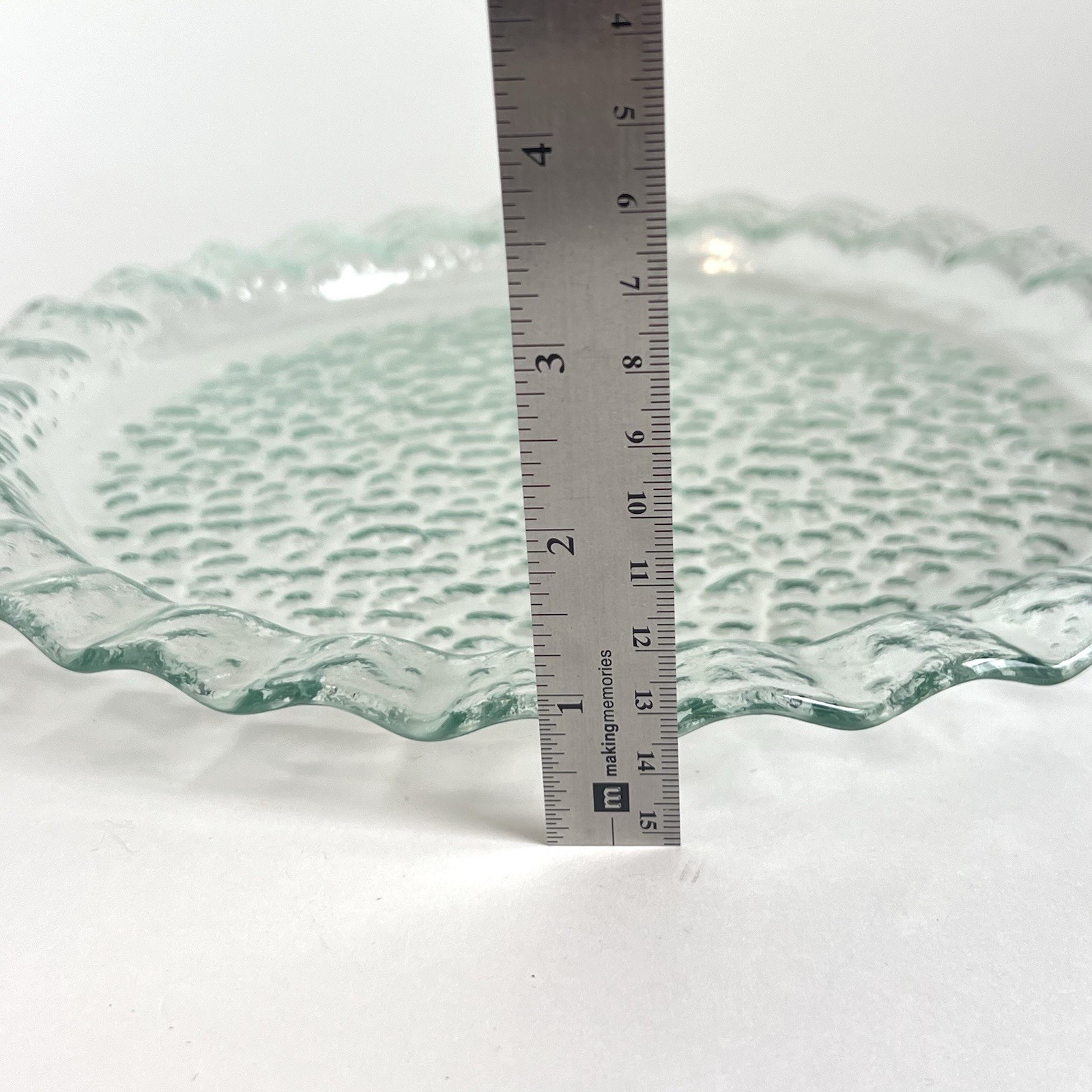 Recycled Glass Round Platter Light Green Ruffled Edge 11.5”