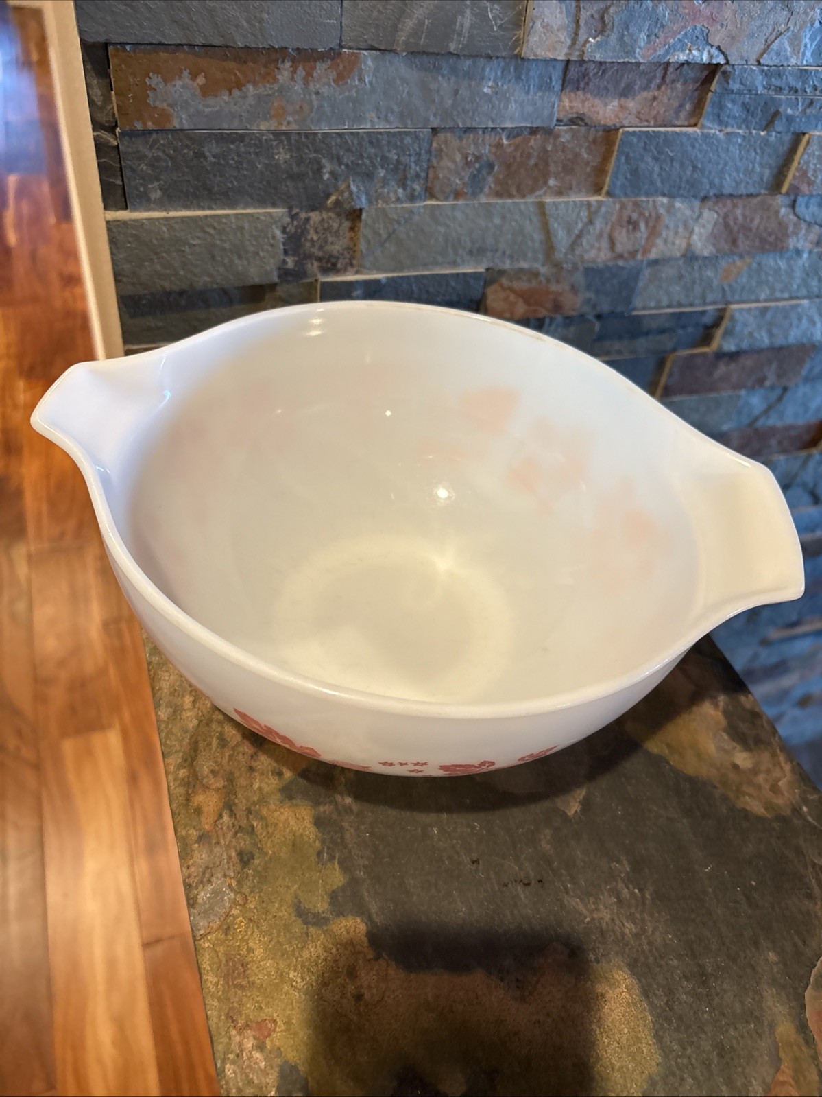 Vintage Pyrex White & Pink Gooseberry 443 Cinderella Nesting Bowl 2 1/2 Quart