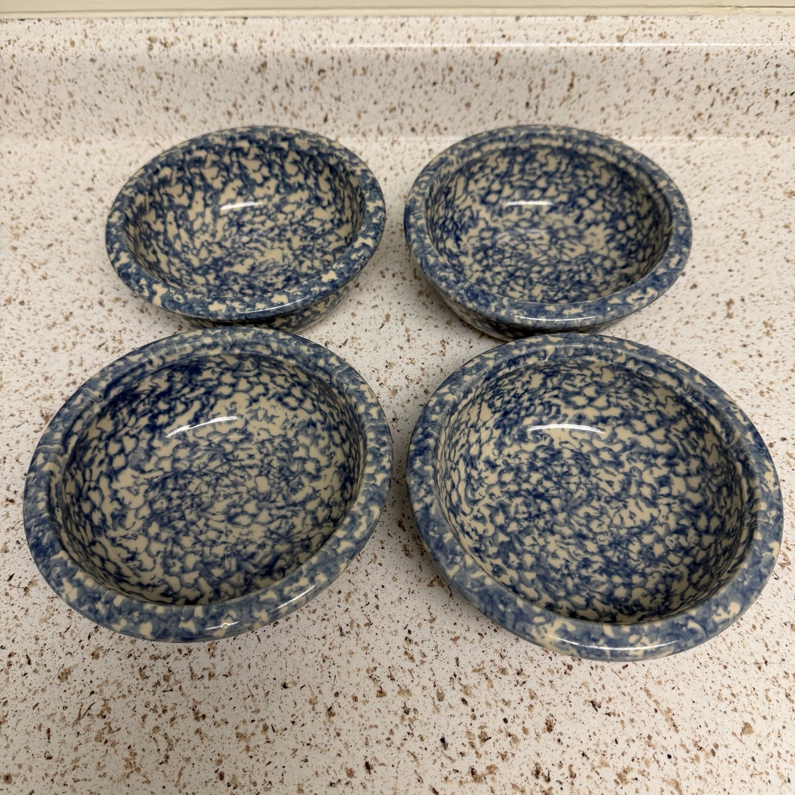 Blue Spongeware Pottery Roseville OH Cereal Soup Bowls 6.5″ Set of 4 USA Vintage