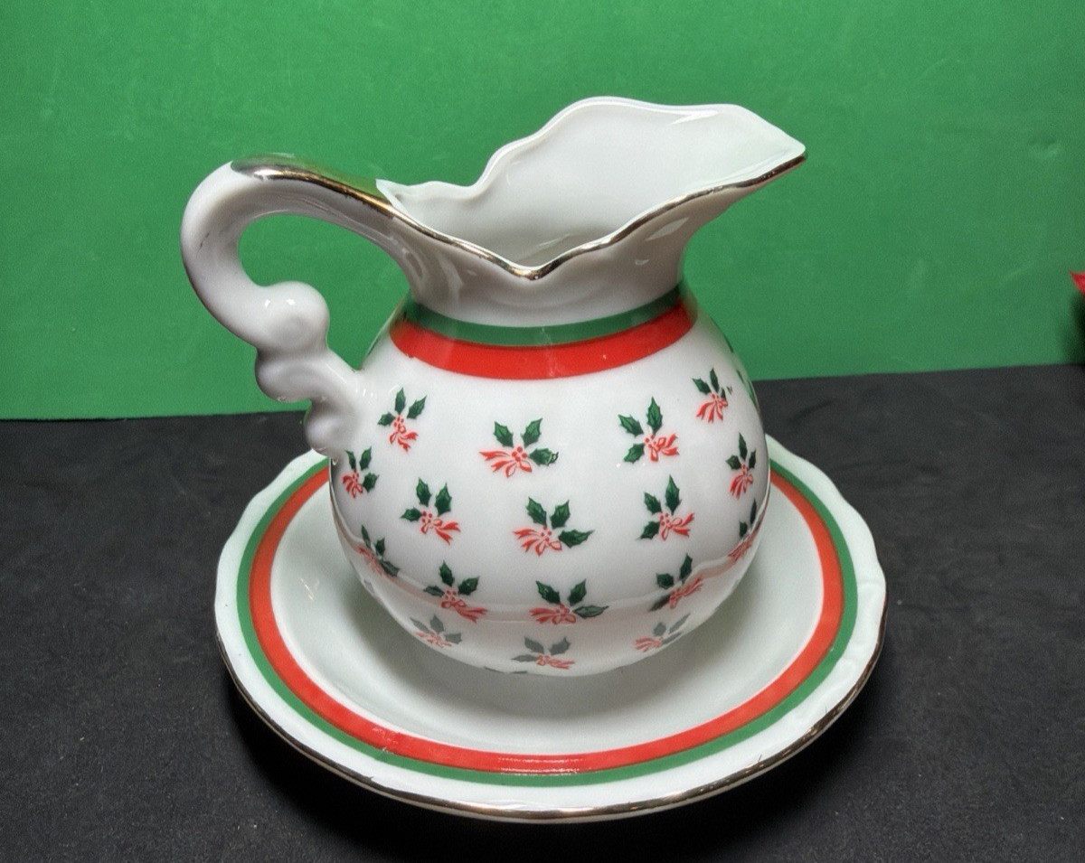 3 Vtg LEFTON Holly & Poinsettia Mini Pitcher Creamer and Basket Christmas Flower