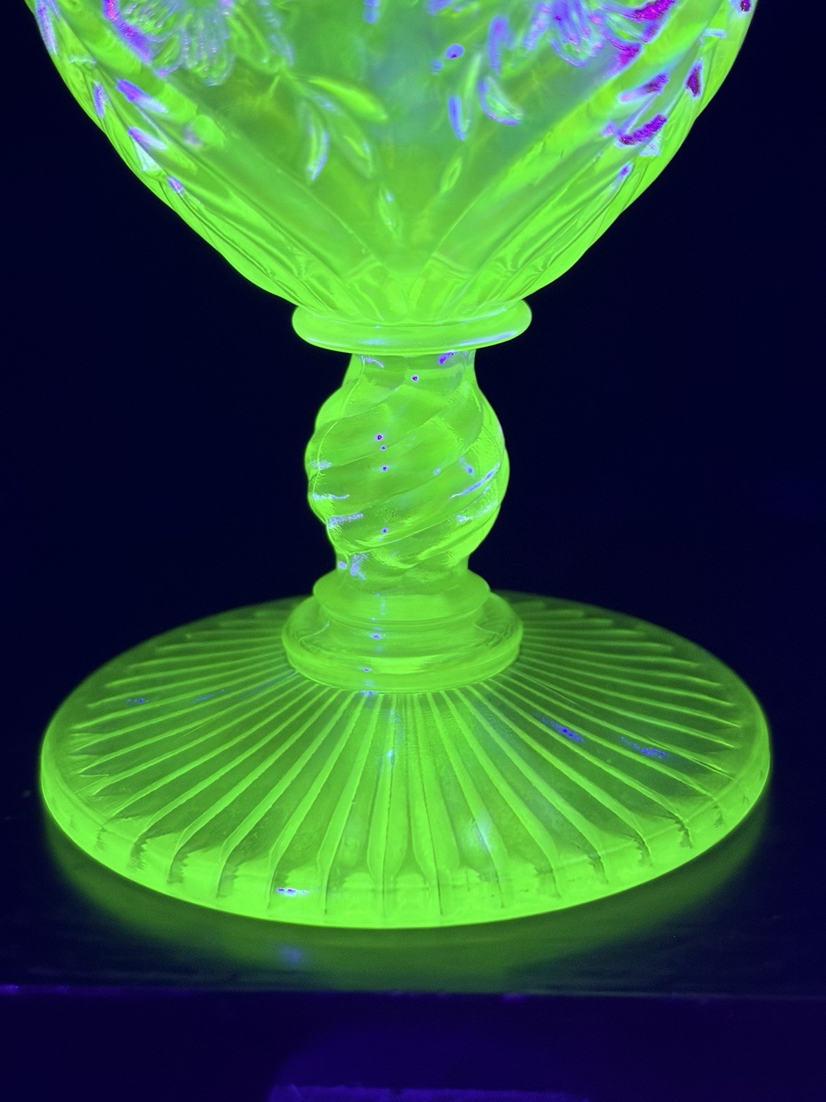Fenton Topaz Vaseline Uranium Glass Daisy Feather Compote Black Crest Ex Cond