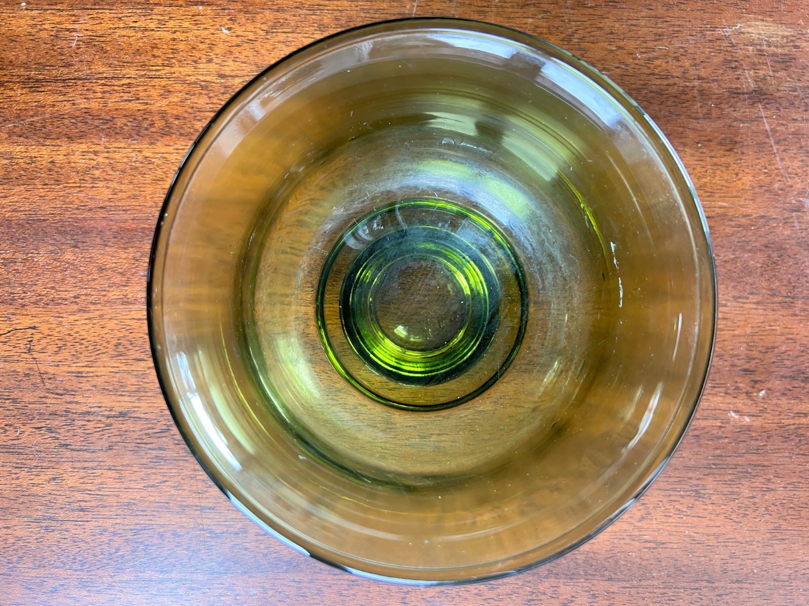 Vintage MCM Olive Green Glass Footed Bowl Retro Home Decor