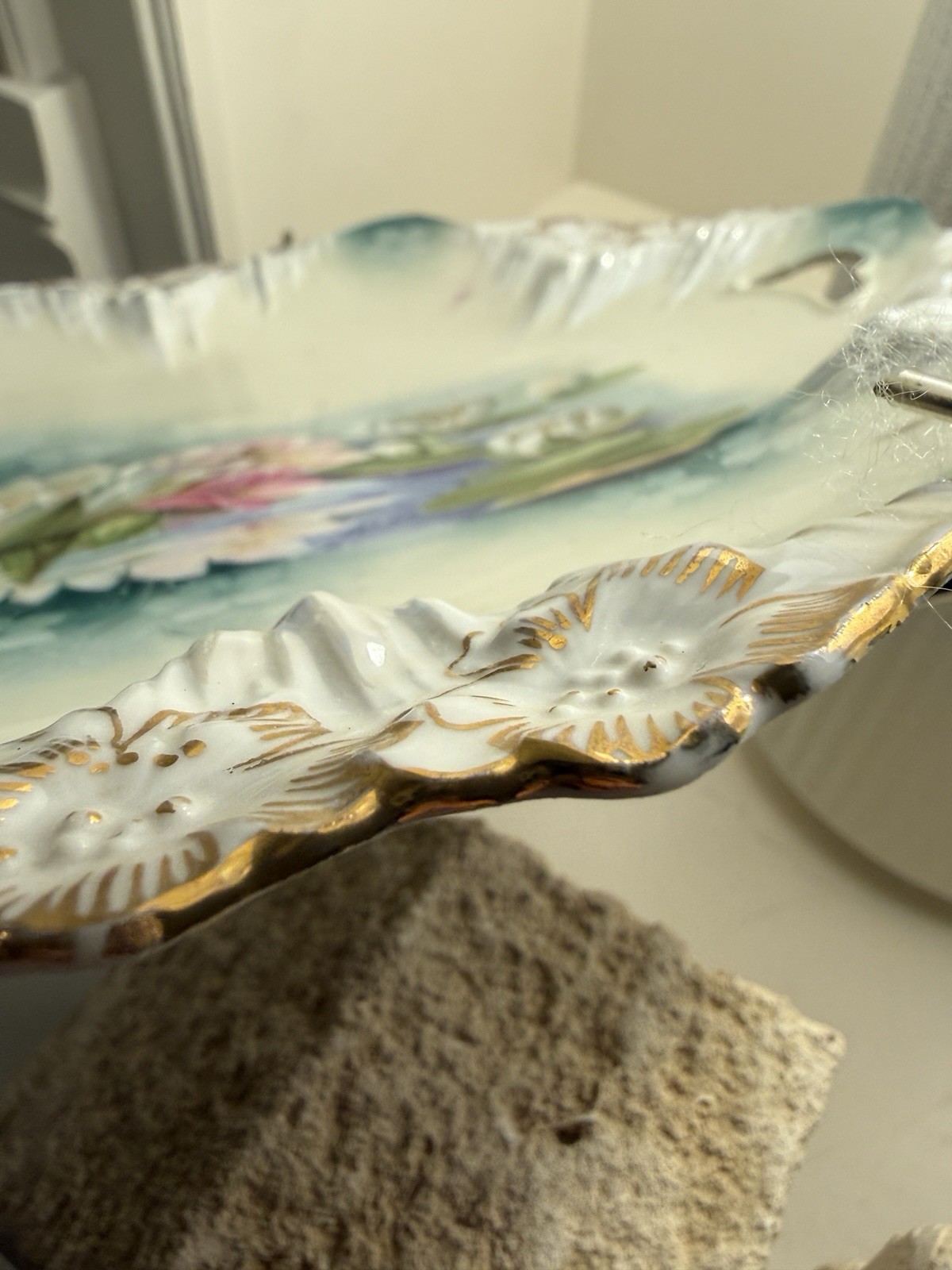 Antique RS Prussia Mold Reflecting Water Lilies Handled Plate 10.25″