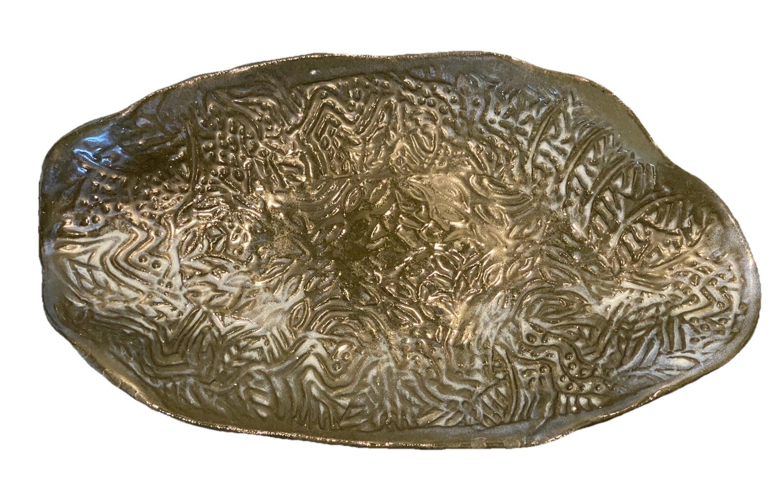 Art Pottery Glazed Platter Brown, Blue, Berry, Vine Design, Signed Mihoko