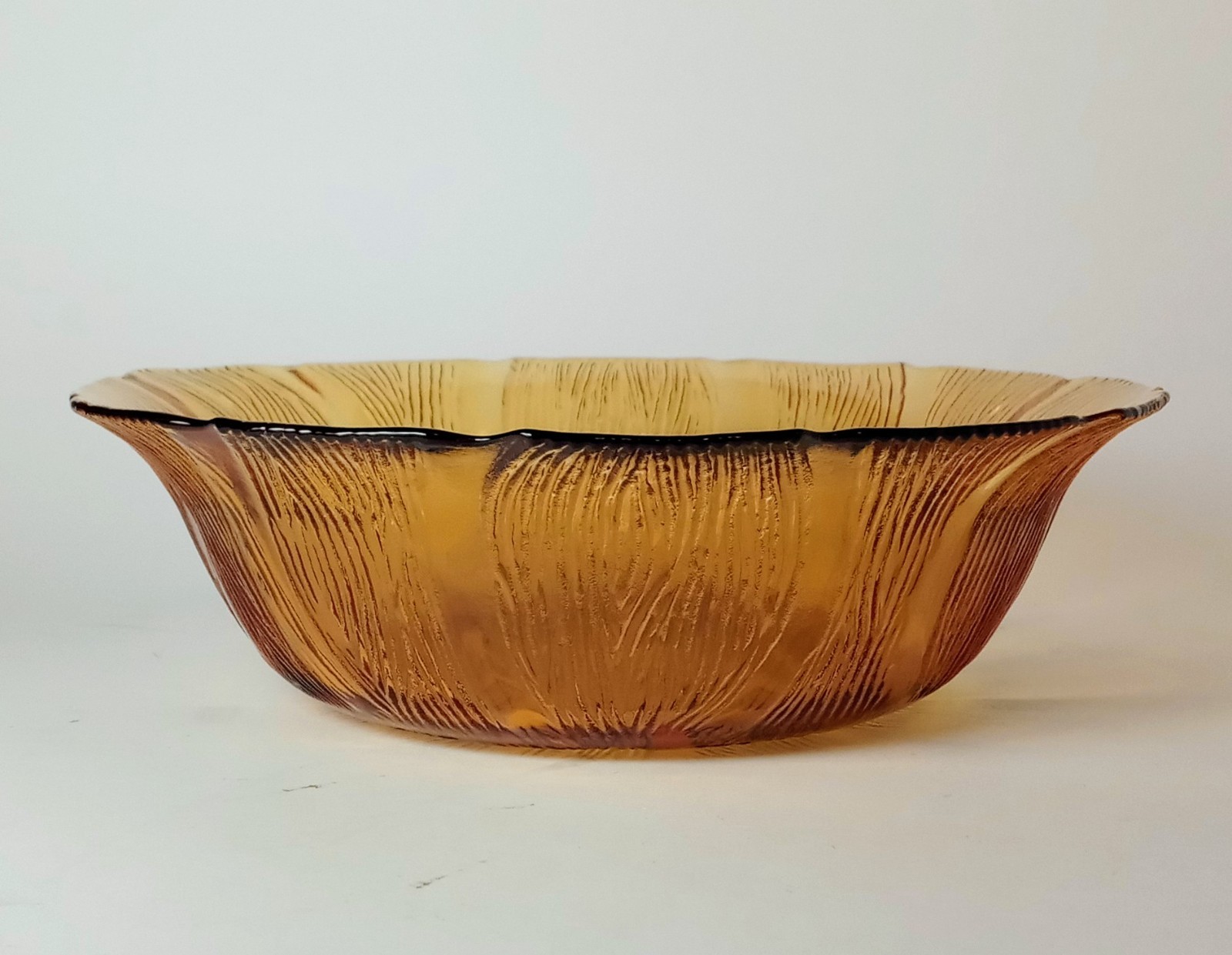 VTG MCM KIG Indonesia Decorative Embossed Amber Glass Bowl