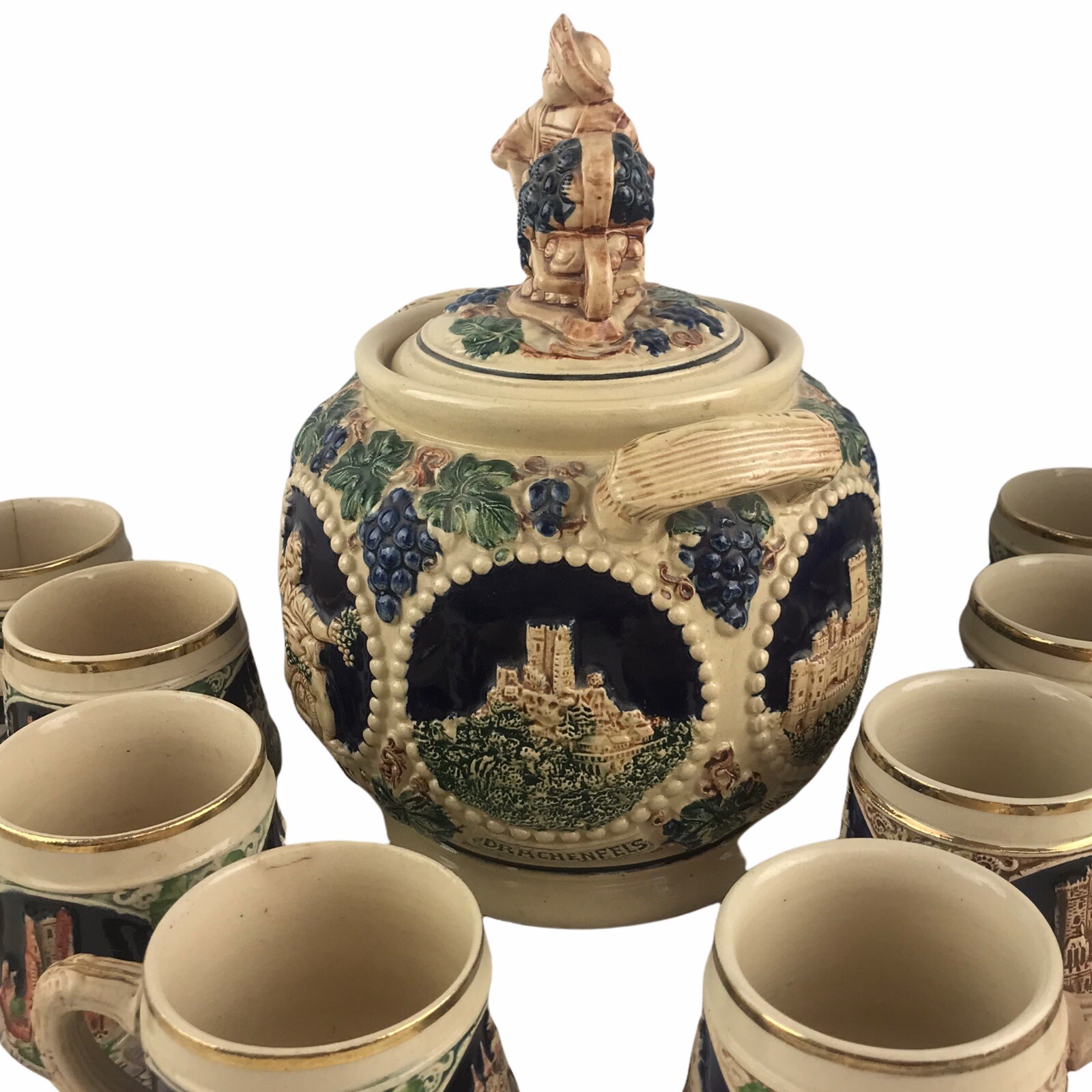 Vintage German Punch Cider Bowl Set 8 Cups Mugs Steins Castles Stoneware