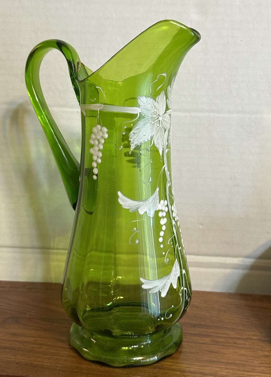 Antique Victorian Green Glass Hand Blown Pitcher 3-D Enamel Work Grape Vines