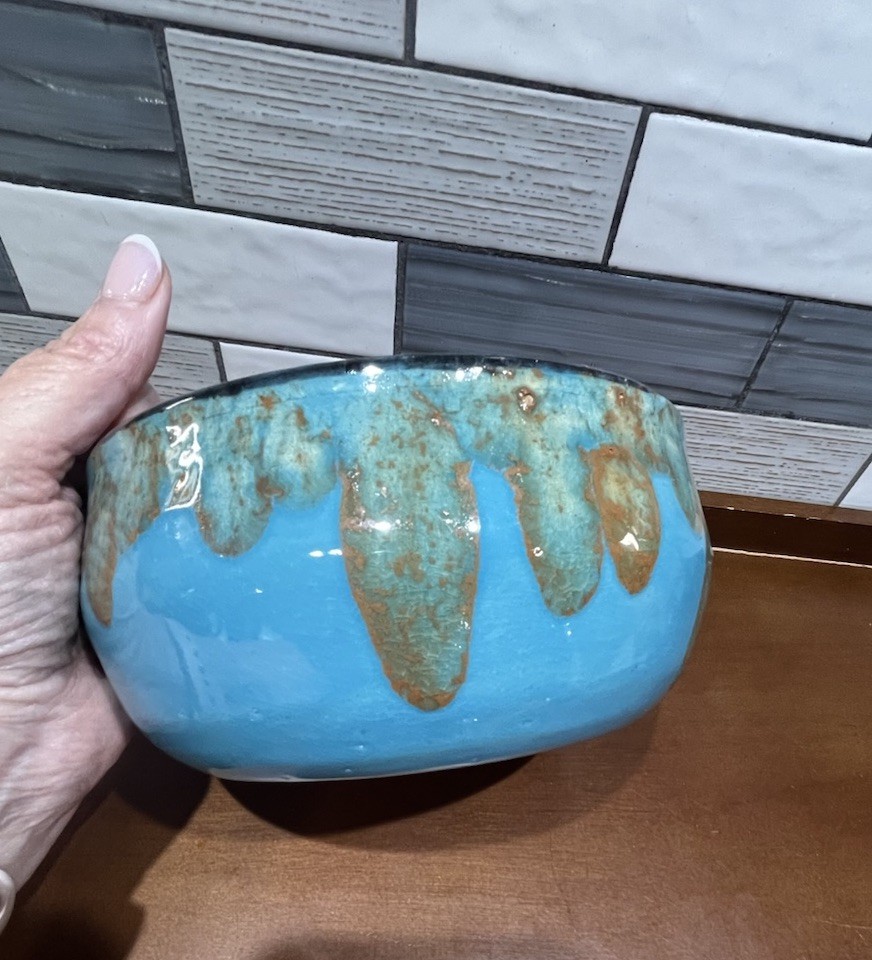 Studio Art Pottery Blue Torquoise Drip Glaze Bowl 6” Stoneware Decor Planter