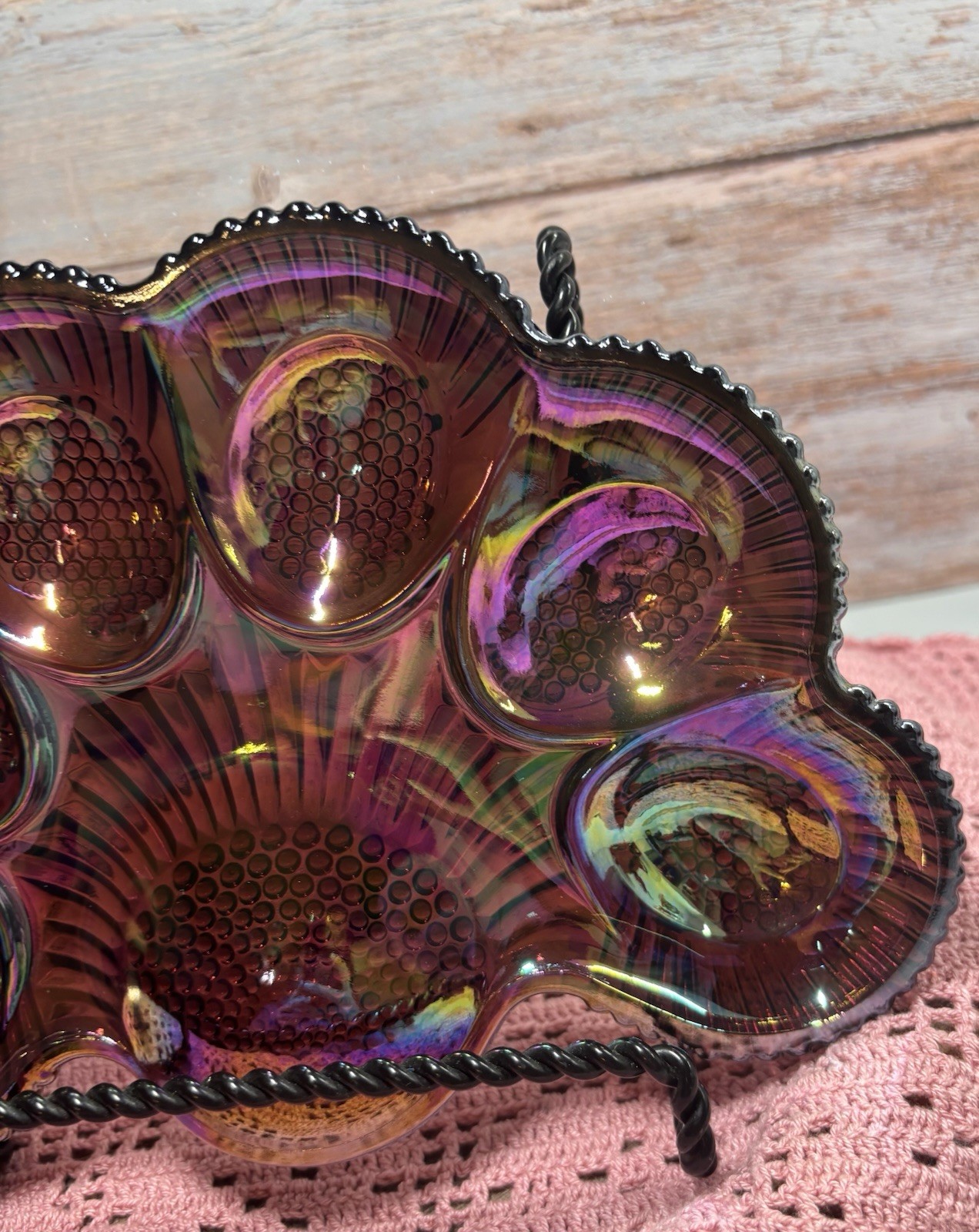 Vintage LE Smith Carnival Deviled Egg Tray | Plate | Tray Amethyst Glass Hobnail