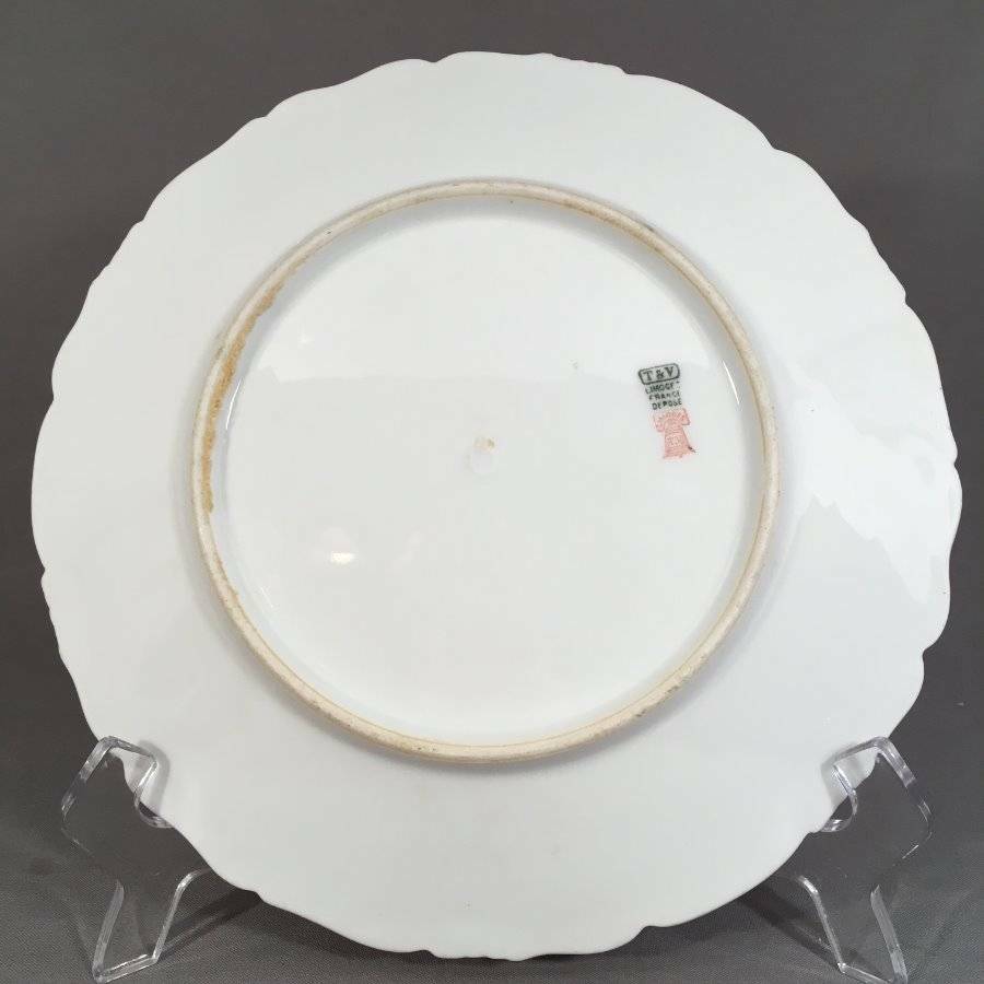 Elegant Antique T V Limoges France Dark Green Plate Scalloped Carnations Floral