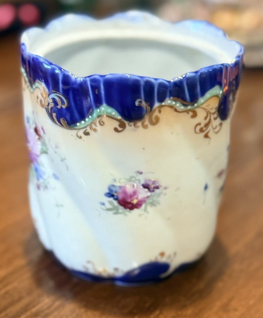 Antique Victorian Hand Painted Porcelain Jar Cobalt Blue Gold Gilt Floral