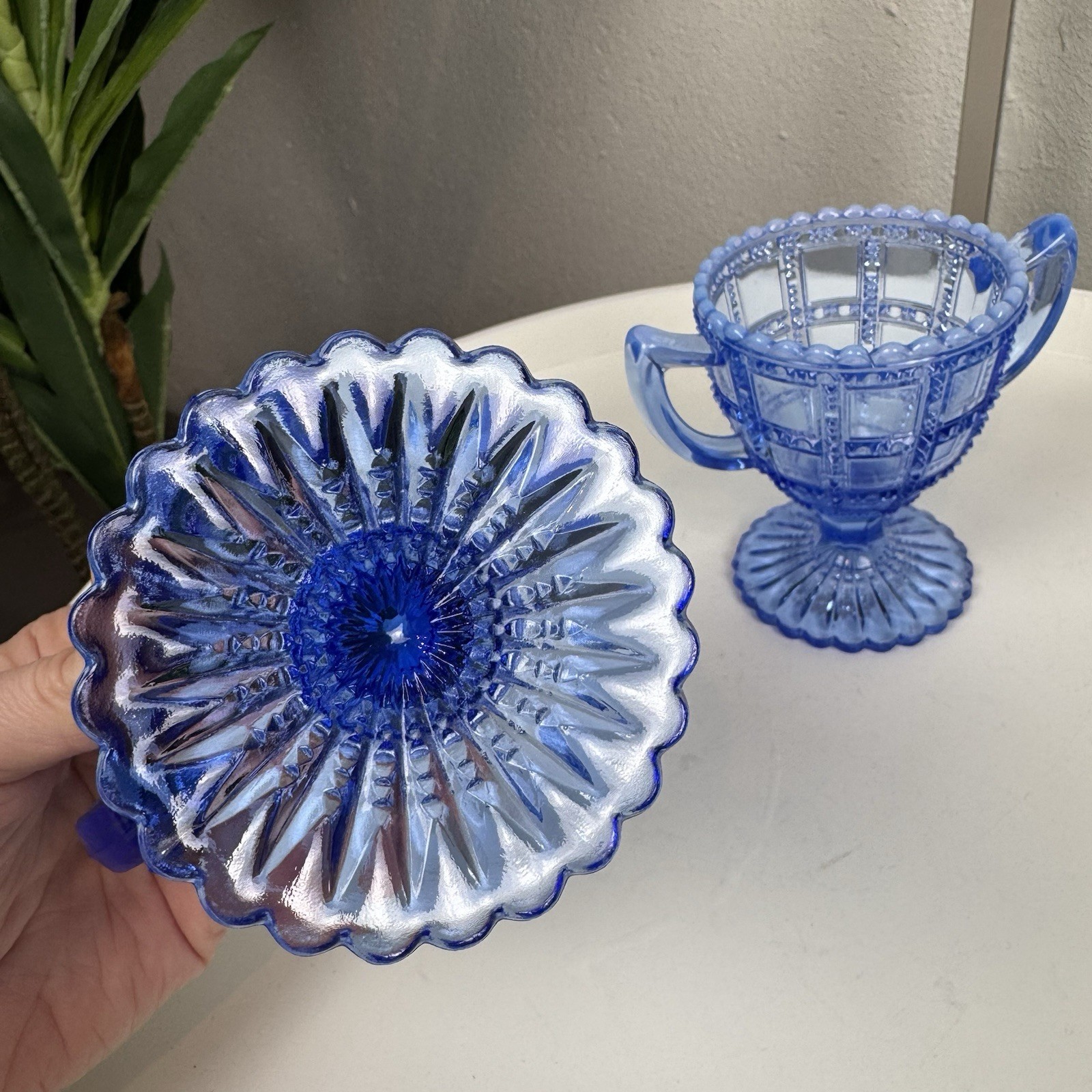 Vintage Deco Imperial Glass Beaded Block Blue Opalescent Cream & Sugar Set c1930