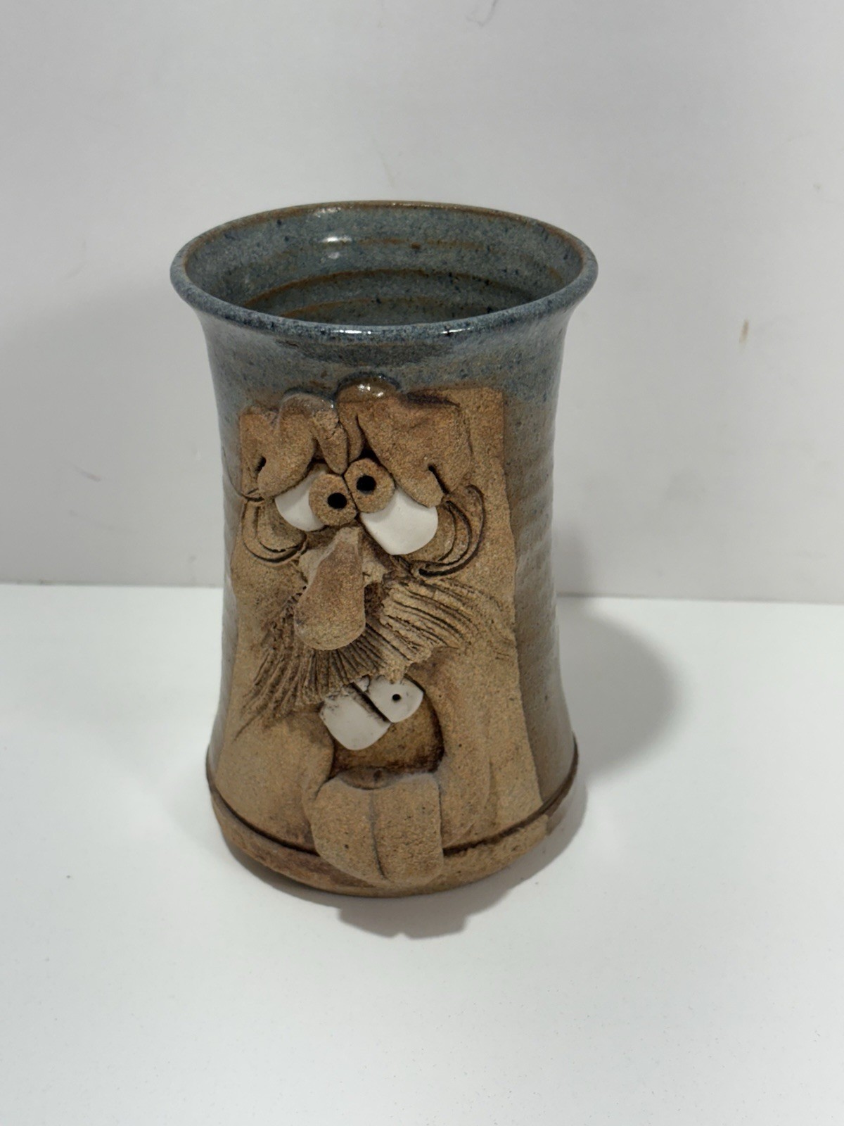 Pottery Funny Ugly Face Coffee Mug Artist Signed M. K. S 77 Folk Art Vtg
