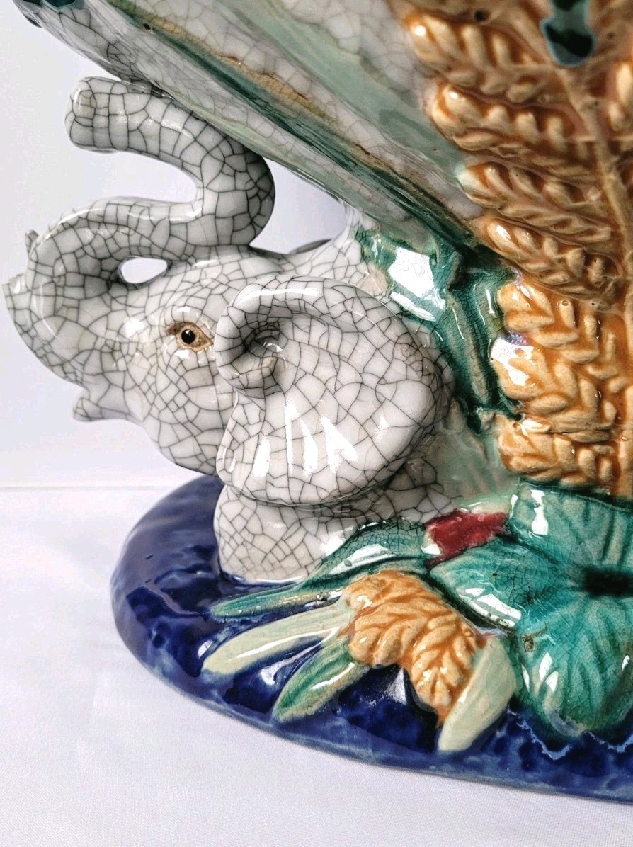 Vintage Italian Majolica Elephant Compote Centerpiece Bowl —Crackle Glaze Finish