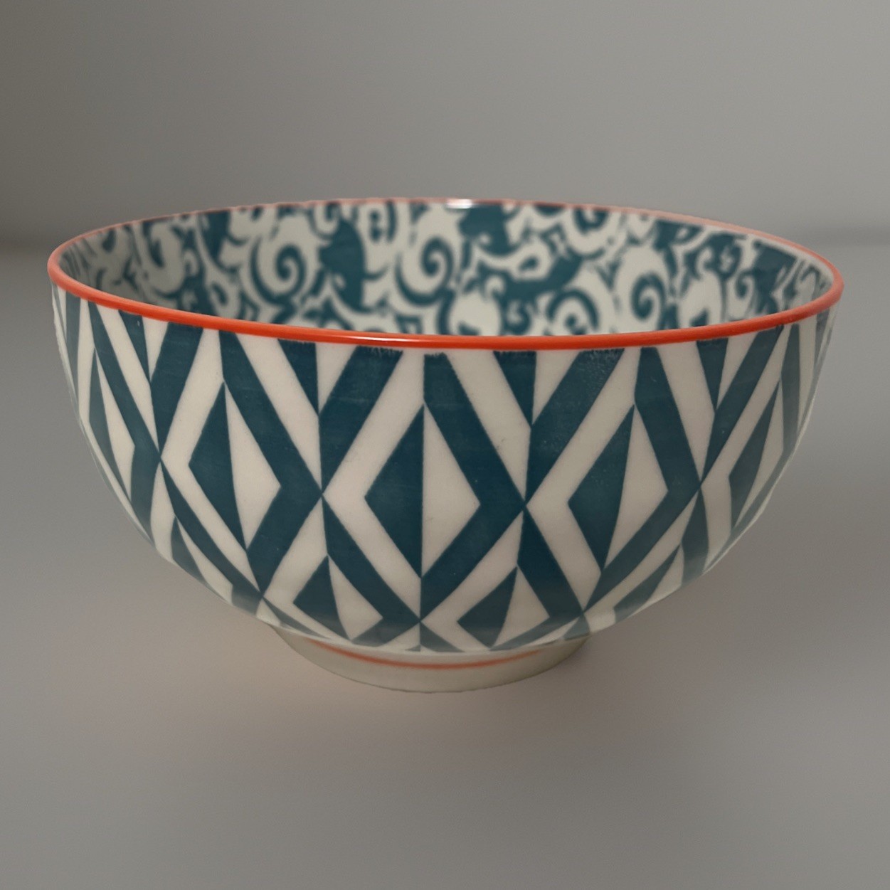 Better Homes & Gardens Piers Teal Orange Rim Green Diamonds & Swirls Cereal Bowl