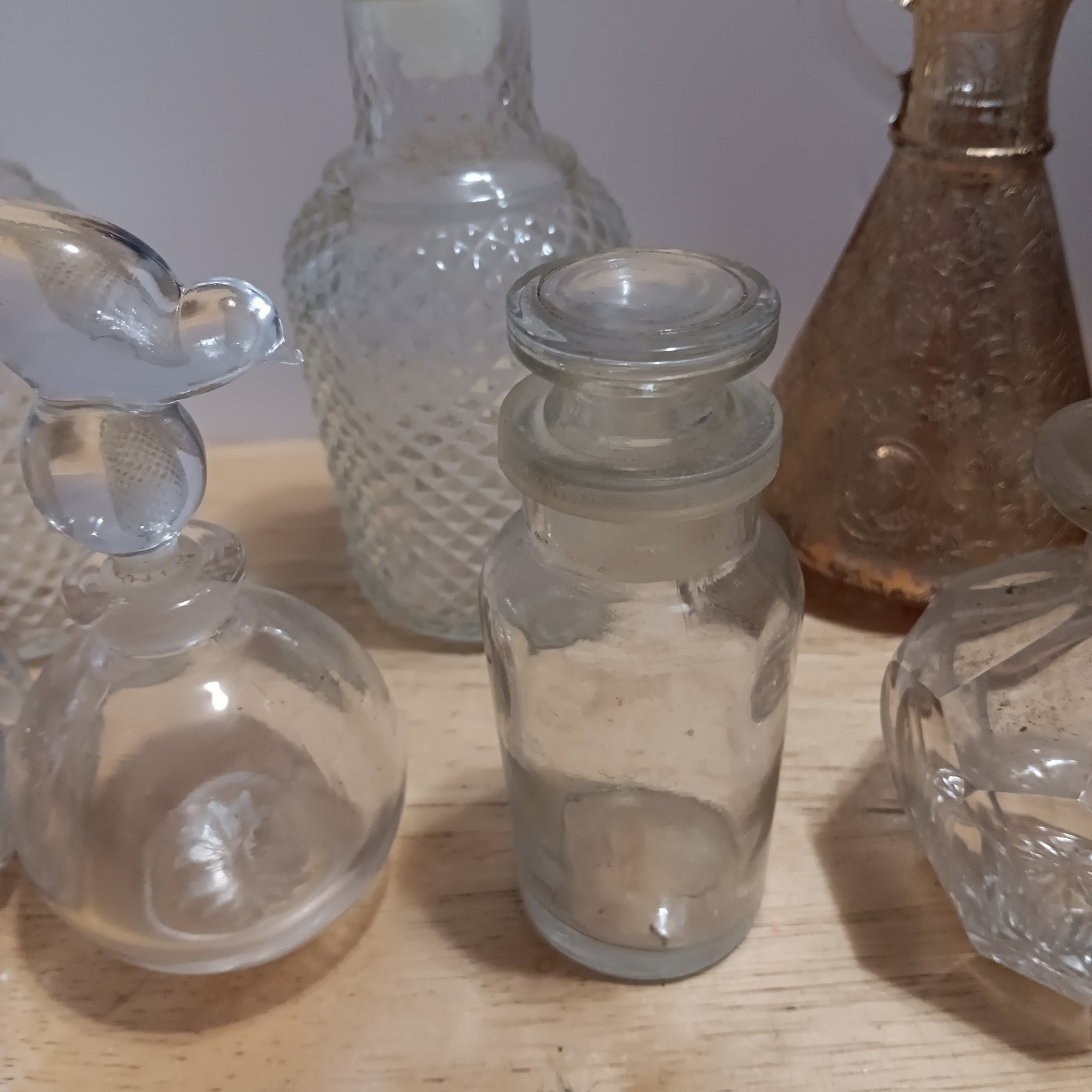 Lot of 9 Vintage Antique Glass Cruets & Decanters with Stoppers Mixed Patterns