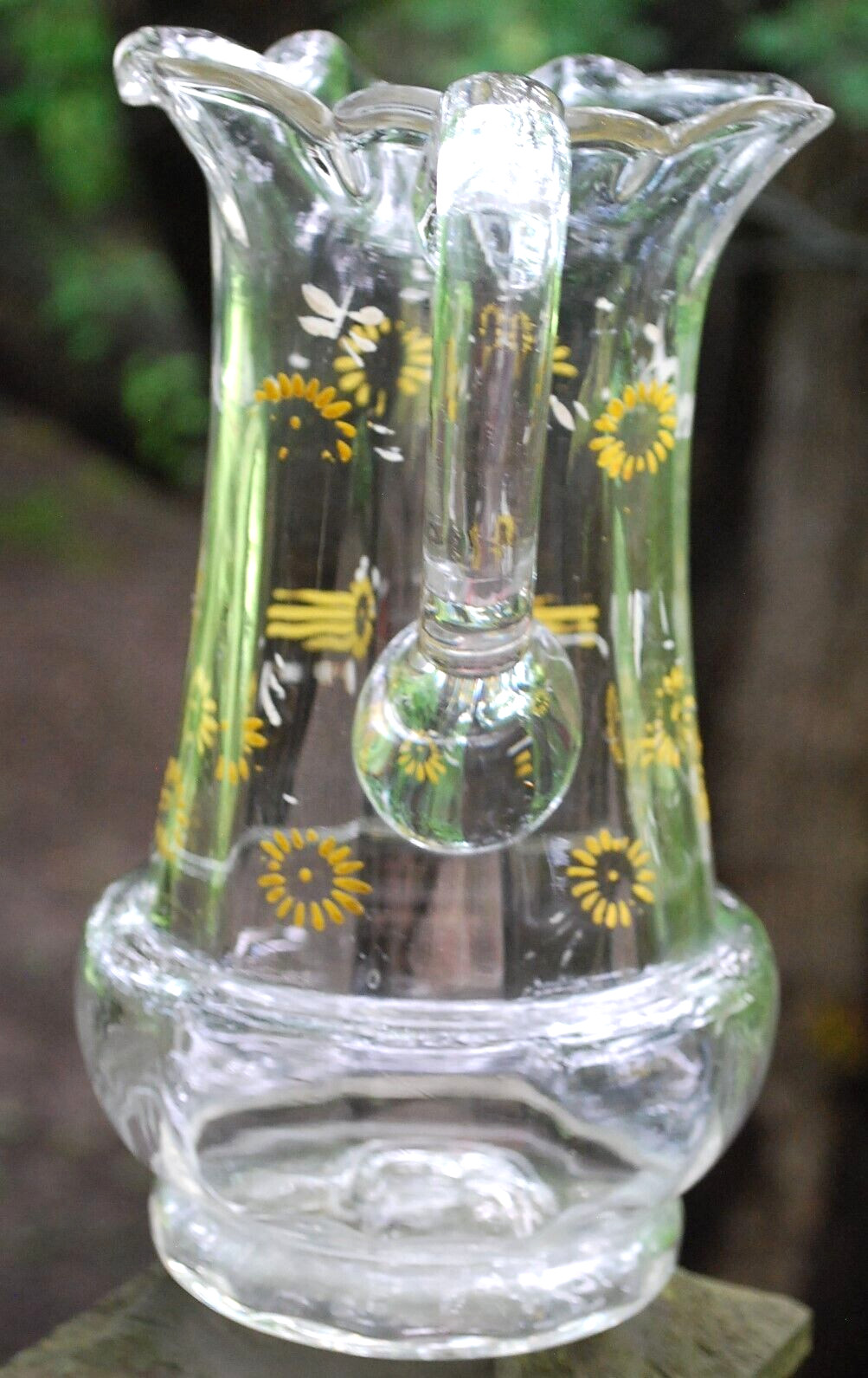 Antique Victorian PITCHER Clear Optic Glass FLORAL ENAMELED DAISIES Petal Rim