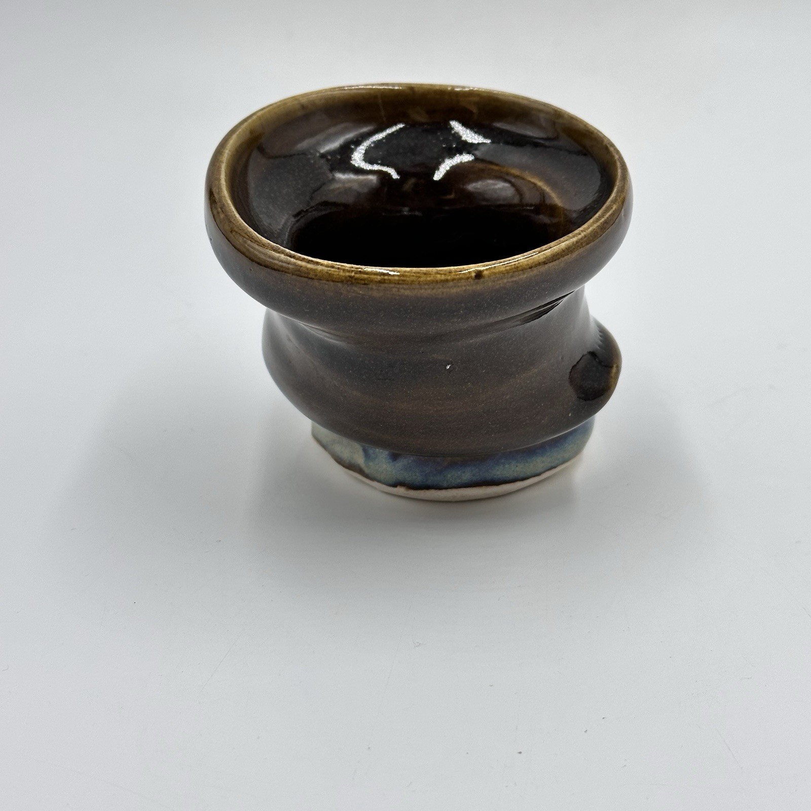 Studio Art Asymmetrical Warped Pottery Cup Blue Drip Glazed Artist Initialed