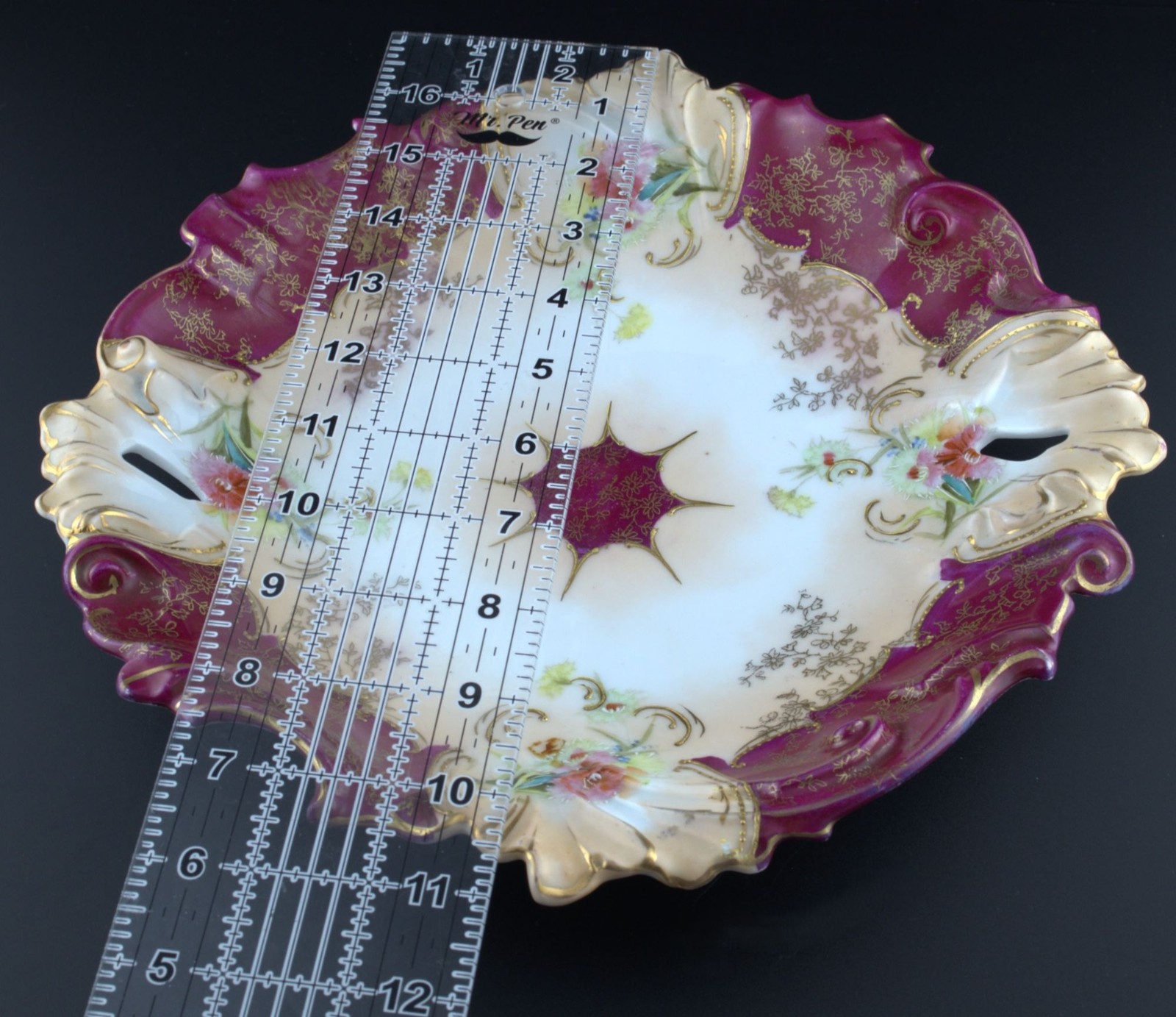 Antique Old Vienna Germany 11” Cake Plate Hand Painted Floral Gold Burgundy