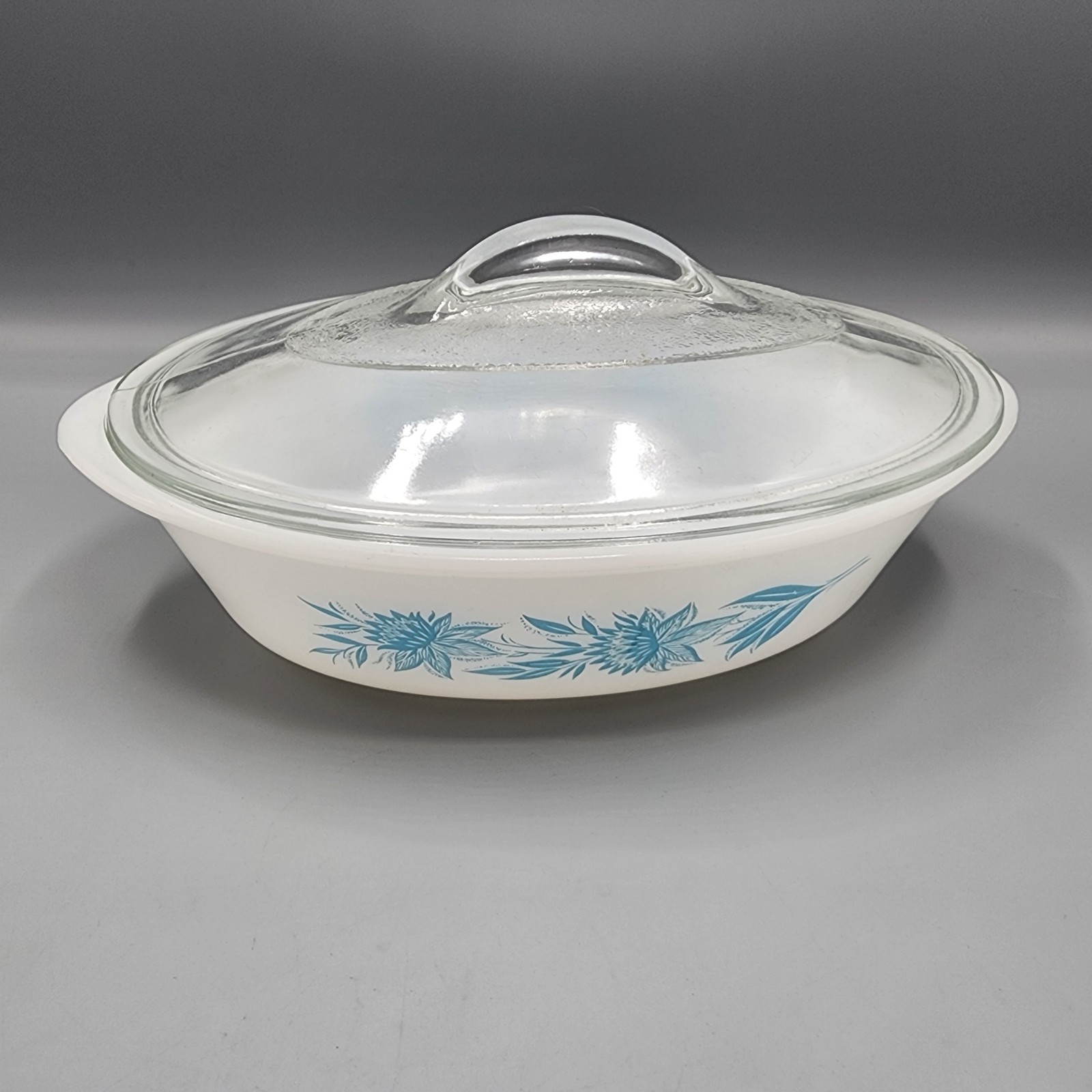 Vintage Made in USA Glasbake J-235 Divided Vegetable w/ Floral Pattern + LID