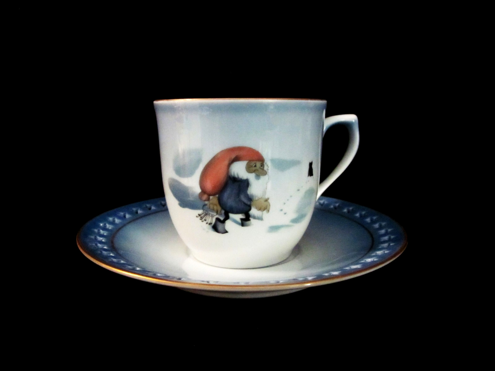 3 Piece Scandinavian Child’s Cup Saucer/Snack Plate Set Tomte/Nisse & Cat