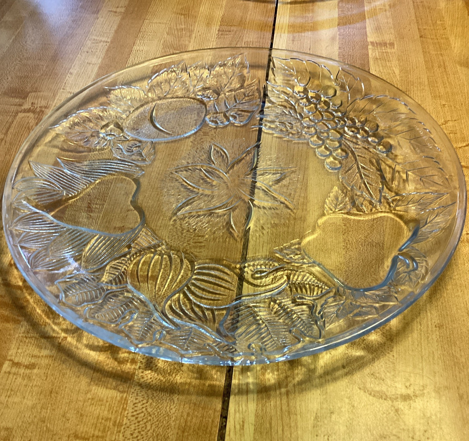 Unmarked Clear Pressed Glass Round Platter, Raised Fruit Pattern Decorative