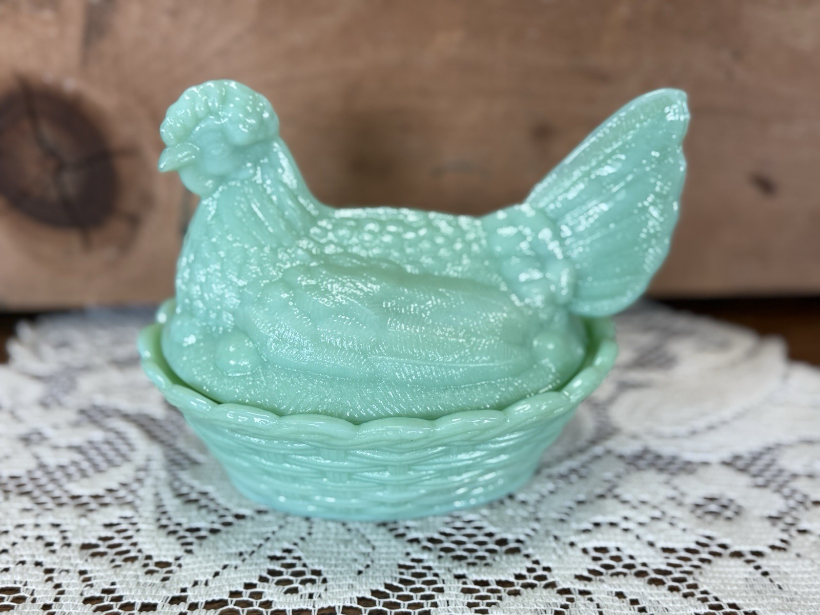 Hen on Nest, 6″ Jadeite Glass Covered Dish – Vintage style, New