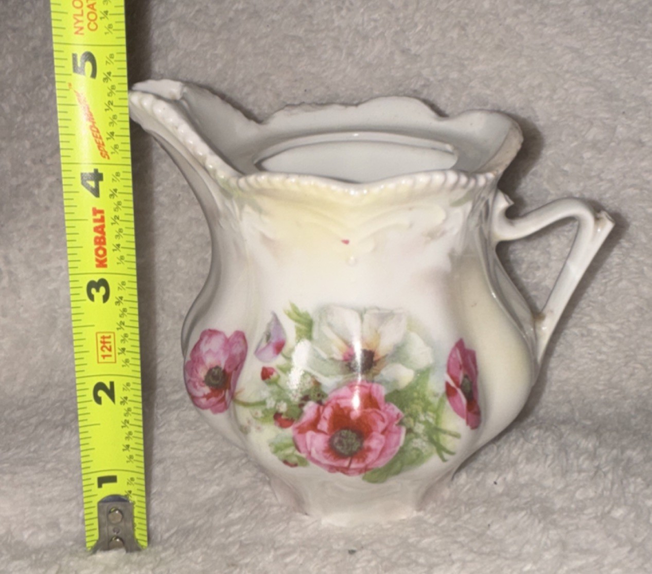 Porcelain Floral Creamer Pitcher Handled White/Pink/Green Glossy Germany