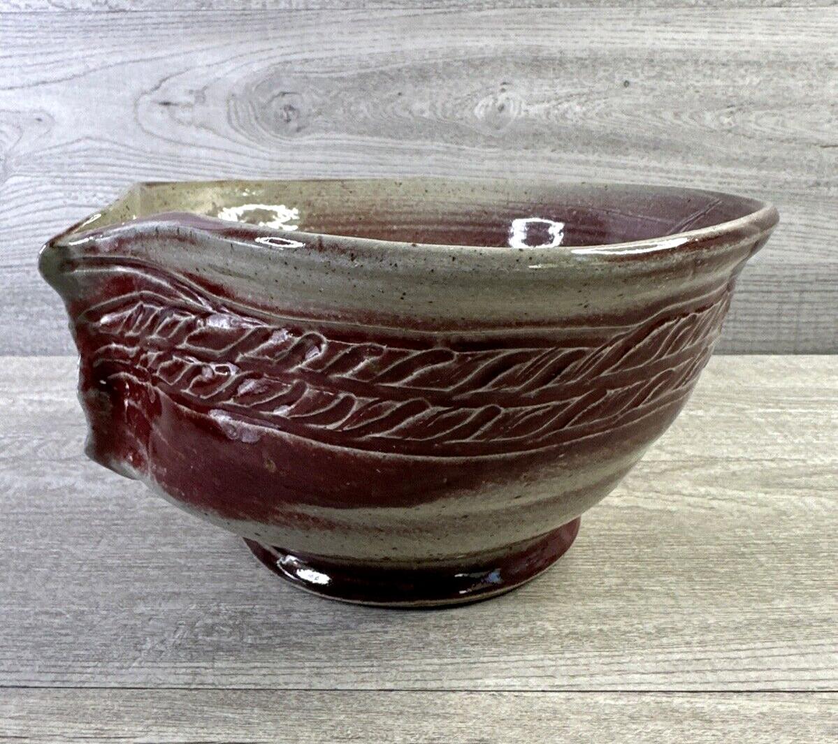 Studio Made Pottery Bowl Pinched Side Red Gray Abstract Design Signed