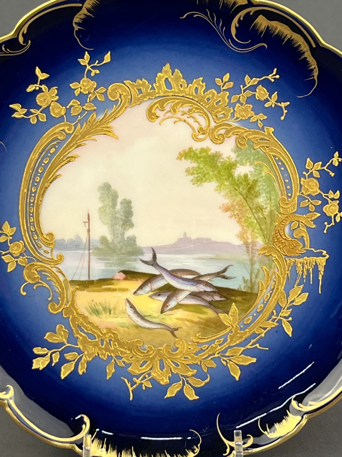 5 Haviland & Co. Hand-Painted 8 ½” Bleu de Four Gilt Fish Plates c. 1876-1899