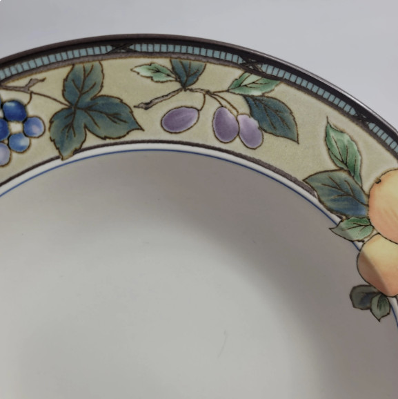 TWO Mikasa Intaglio Garden Harvest Rim Soup Bowls Fruit and Leaves on Rim