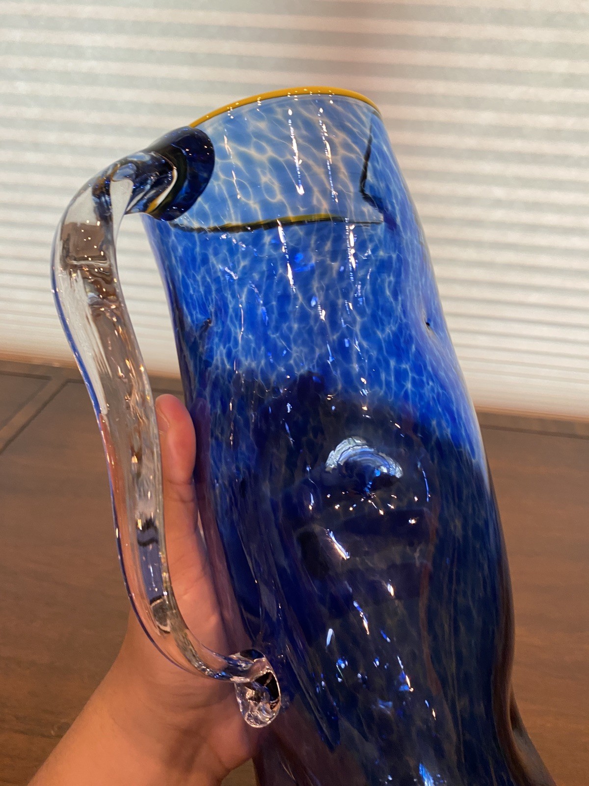 GEORGEOUS LARGE 2019 Cobalt Blue & Yellow Art Glass Pitcher 11.5″H Signed