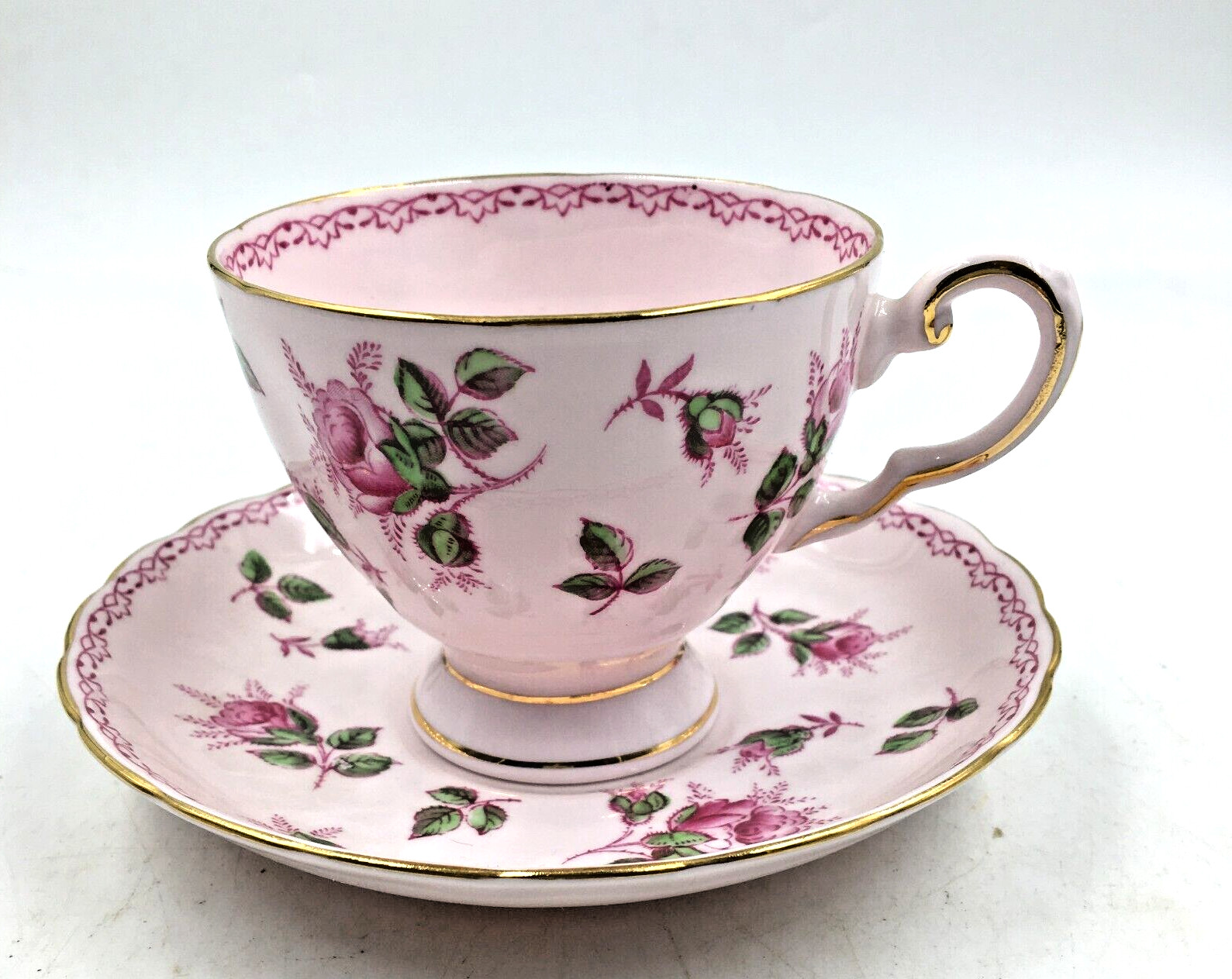 Vintage TUSCAN Fine Bone China Pink ROSEBUD Footed Cup & Saucer Set Gold #497H