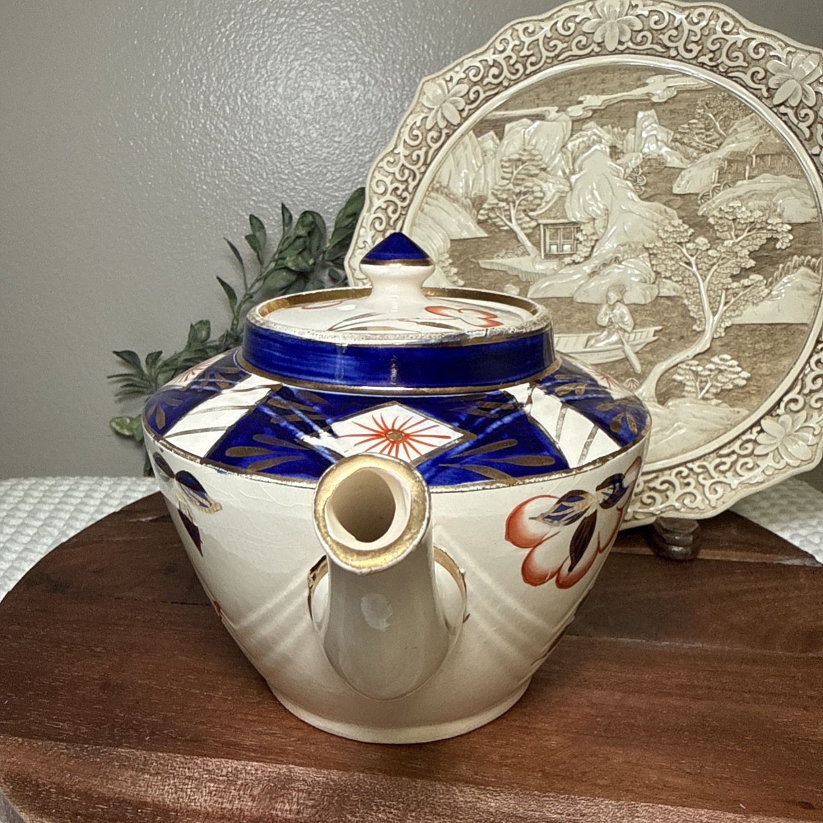 Sadler England Imari Floral Teapot Blue Rust Red Gold 10” Lid Chip Vintage