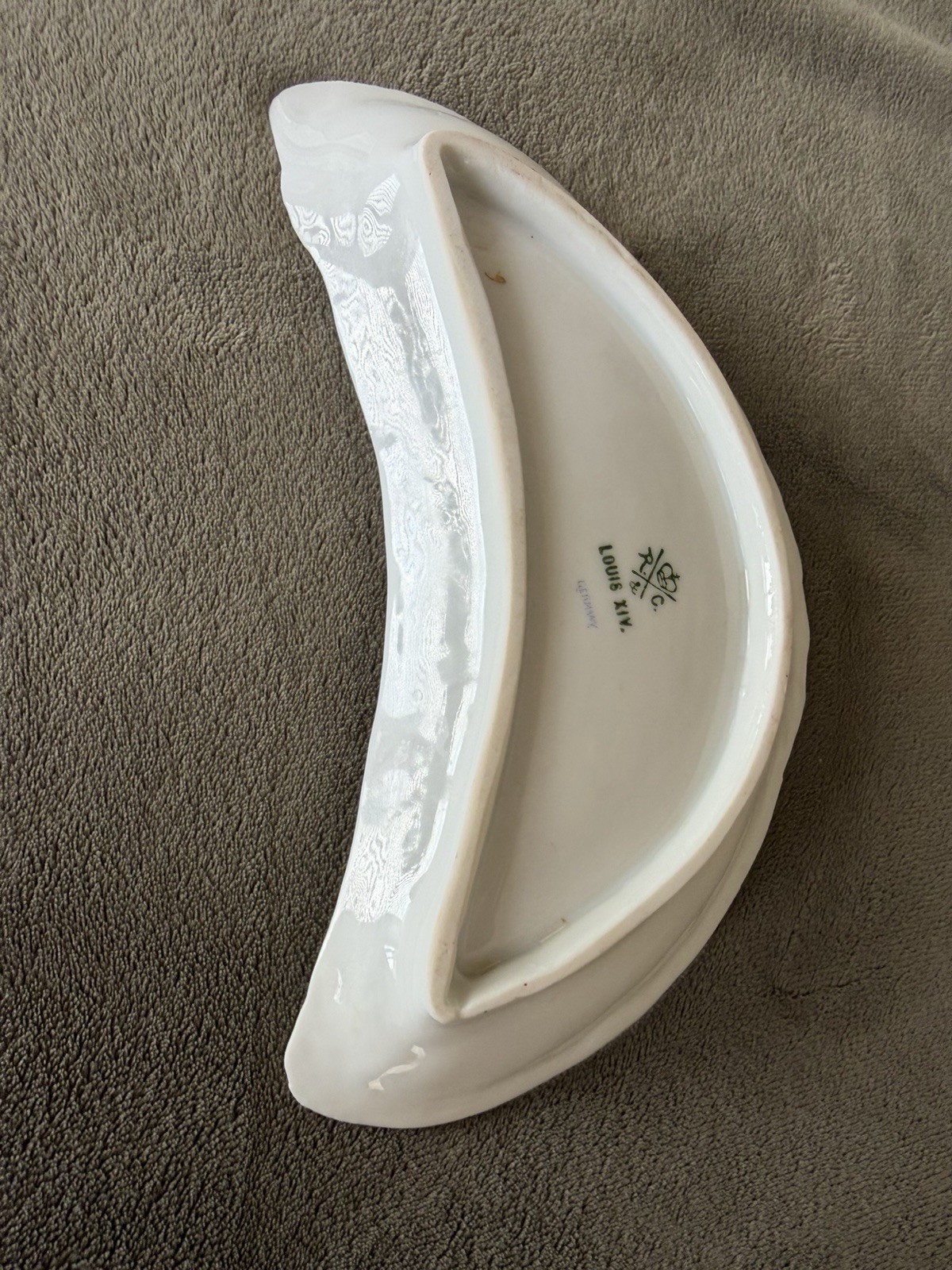 H&C Louis XIV Crescent Porcelain Dish White Purple Floral Gold Trim Decorative