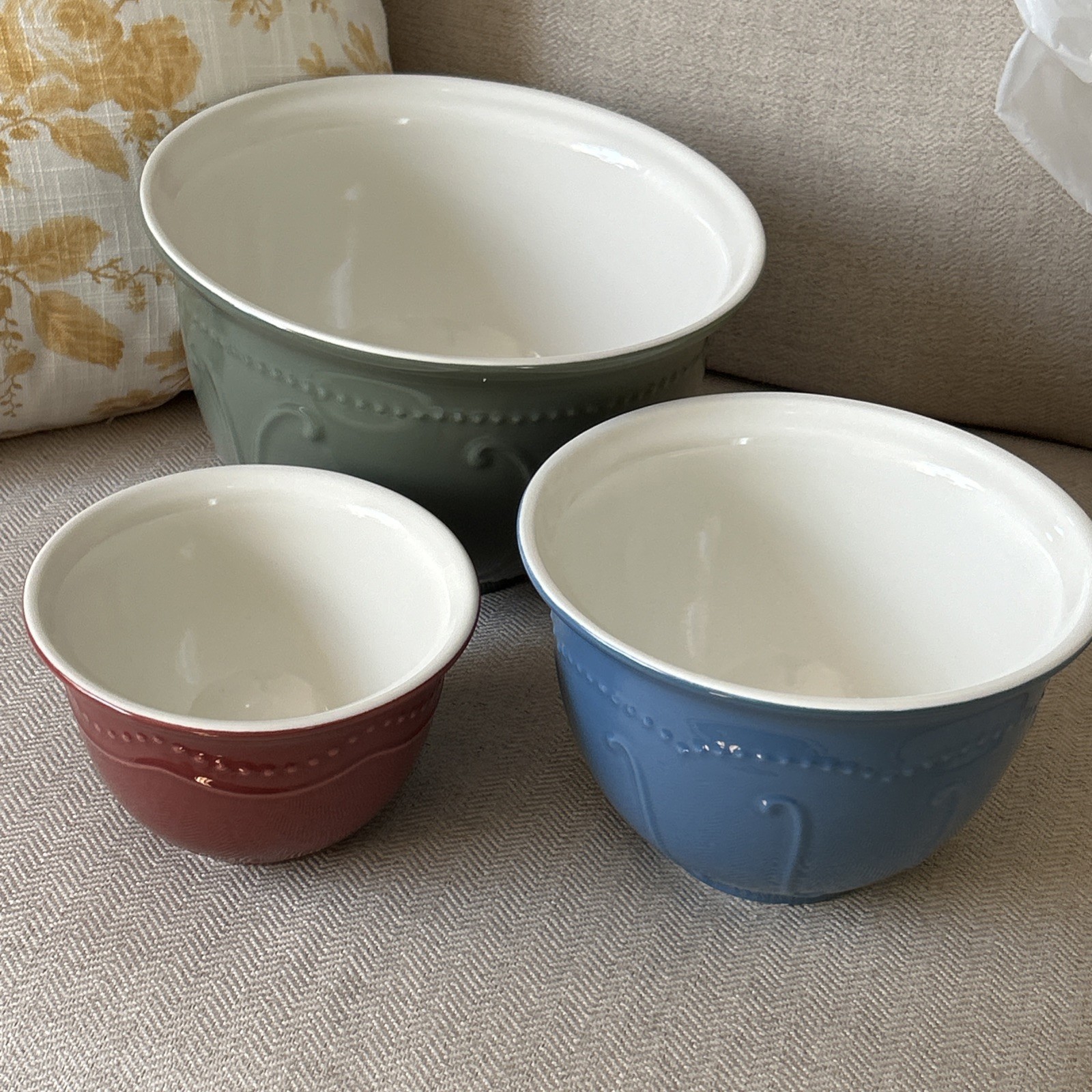 1346 Princess House Pavillion Stoneware Nesting Mixing Bowls Unused Red Blue Grn