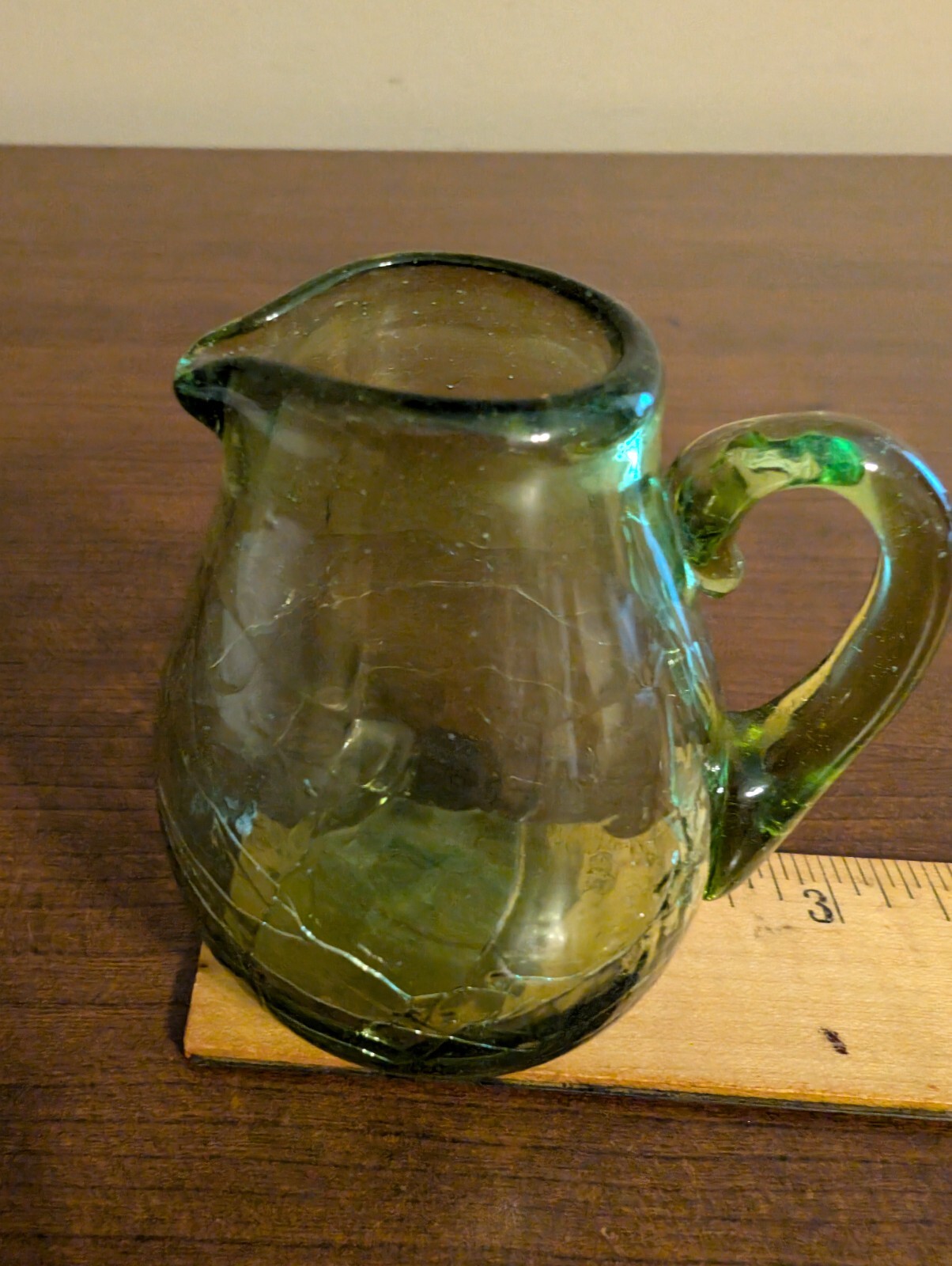 BLENKO Hand-Blown Crackle Glass Olive Green Mini Pitcher w Handle & Sharp Pontil