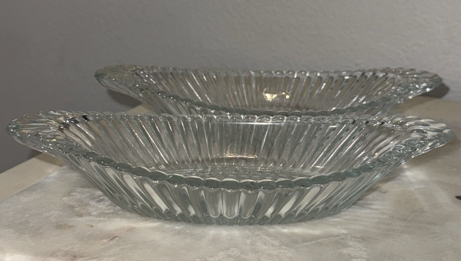 Set of 2 Clear Glass Oval Platters Ribbed with Scalloped Edge Serving Dishes