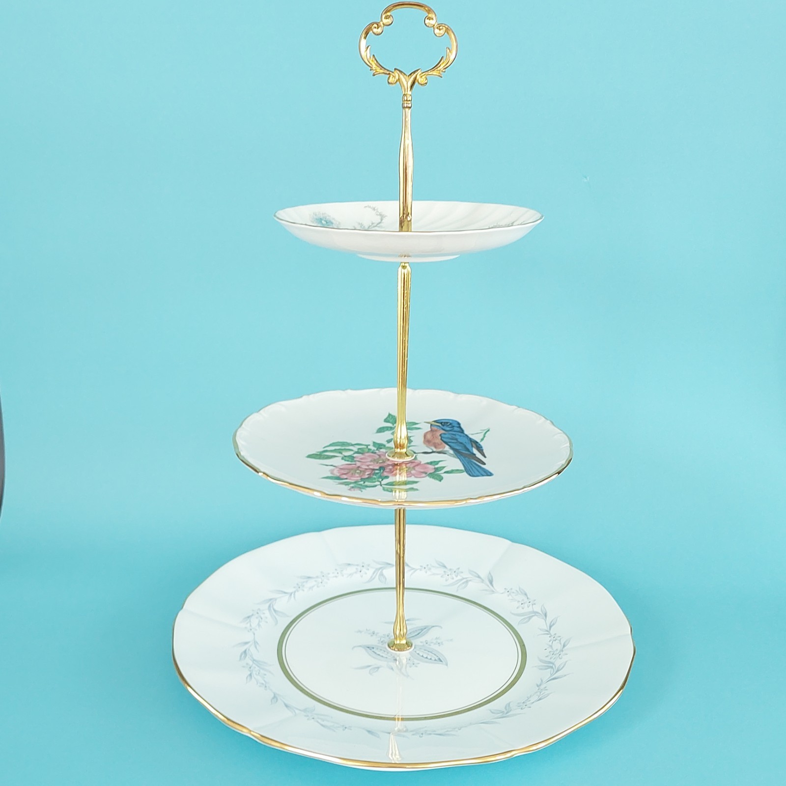 Vintage 3 Tier Cake Stand Bone China Porcelain Bluebird Floral Afternoon Tea