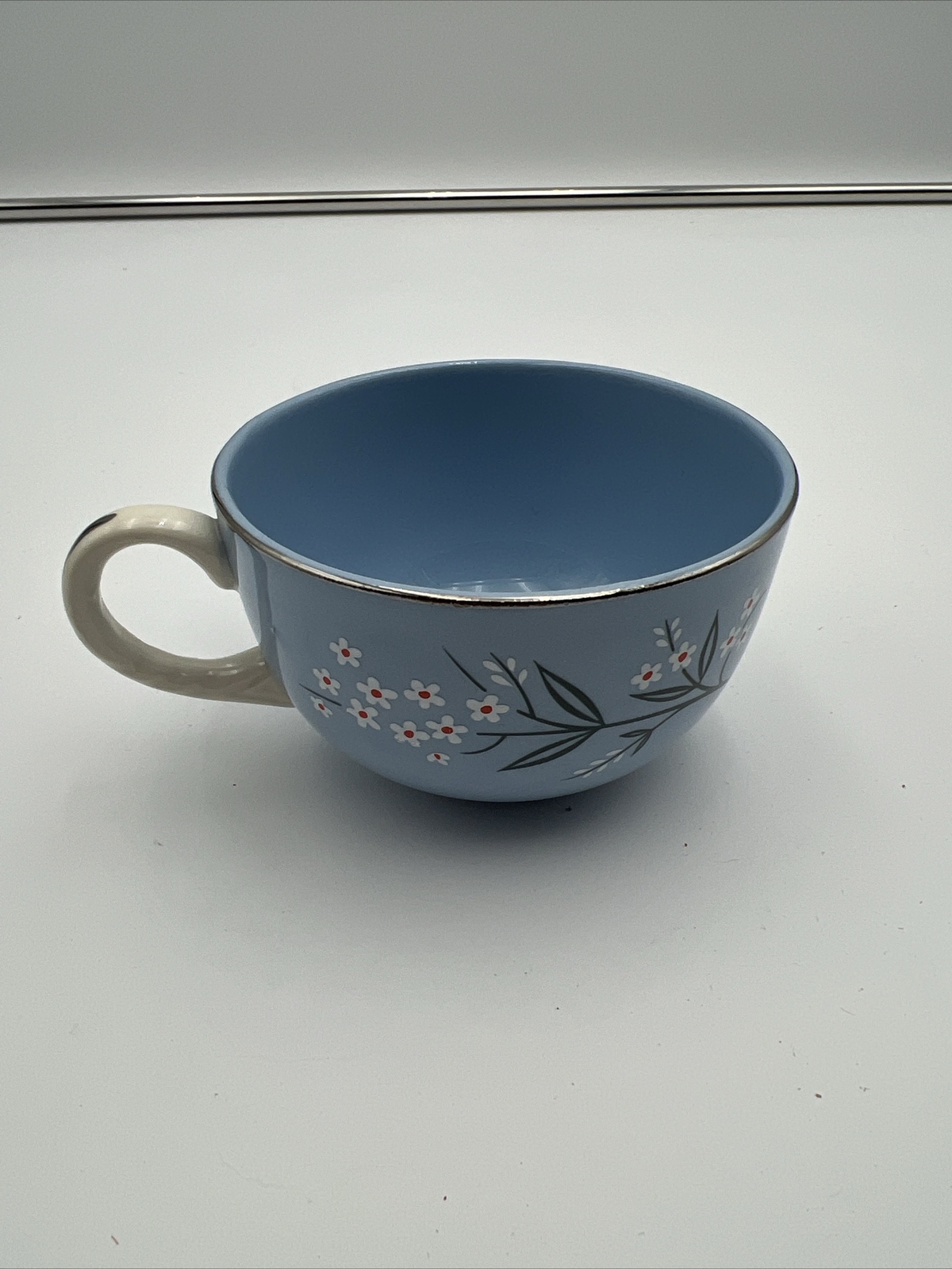 Vtg Homer Laughlin Kraft Blue White Floral Platinum Trim ~ Tea Cup ~ USA