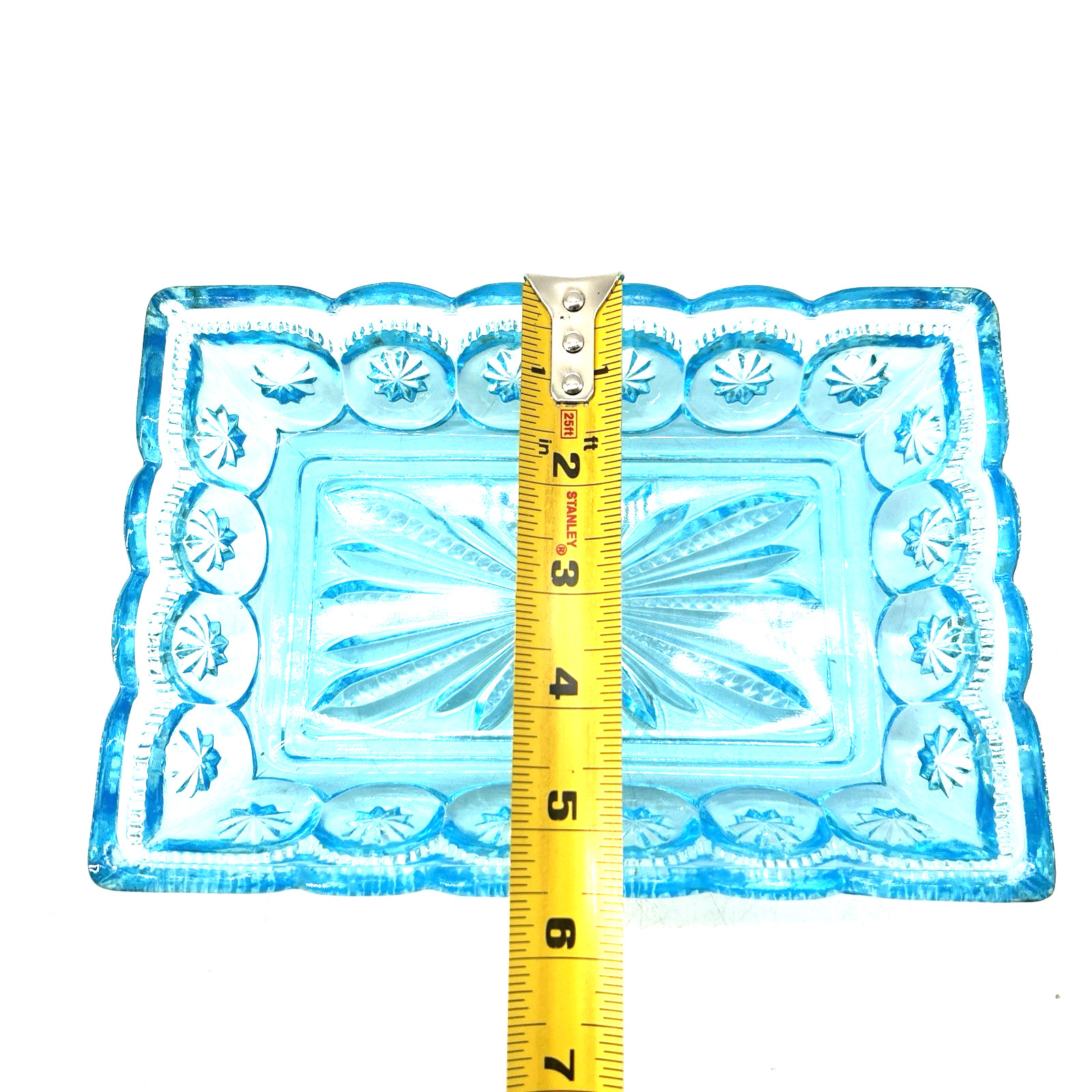 Aqua Blue Glass Moon & Stars Rectangular Relish Dish Tray 8”x5.5”