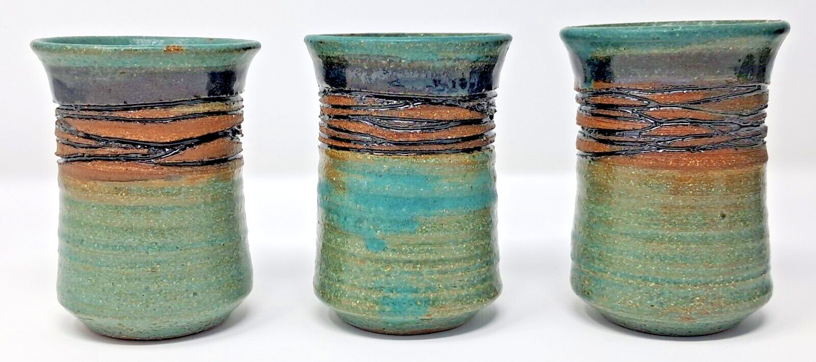 Stoneware Art Pottery Cups 8-9 fl oz Set of 6 turquoise glaze 4″ tall unique
