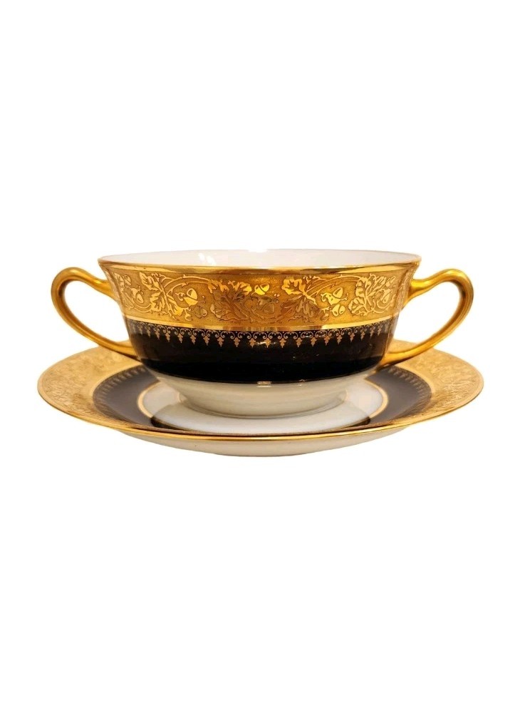 Antique P. Porschaud Limoges France Consommé Cup & Saucer Cobalt Blue Heavy Gilt