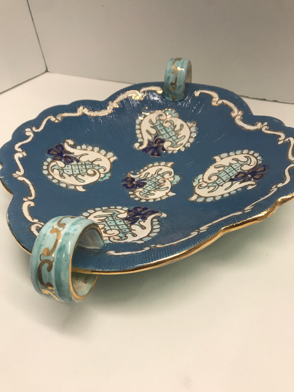 Deruta Bowl Italy Pottery Signed Numbered Blue Gold Leaf Chips On Edge 8”