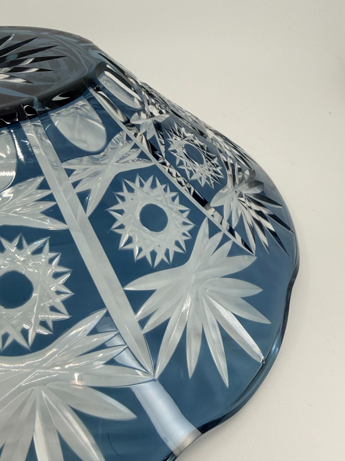 1950s Vintage Bohemian Lead Crystal Glass Cut To Clear Cobalt Blue Bowl 13″W