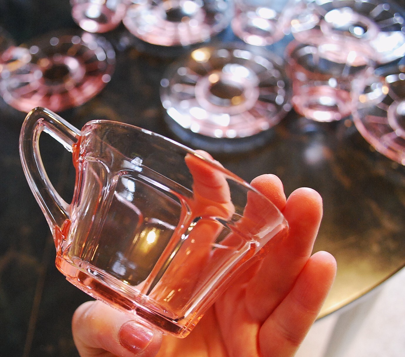 Vtg Set 5 ‘VICTORY’ PINK DEPRESSION GLASS Cups/Matching Saucers c1930 By Diamond
