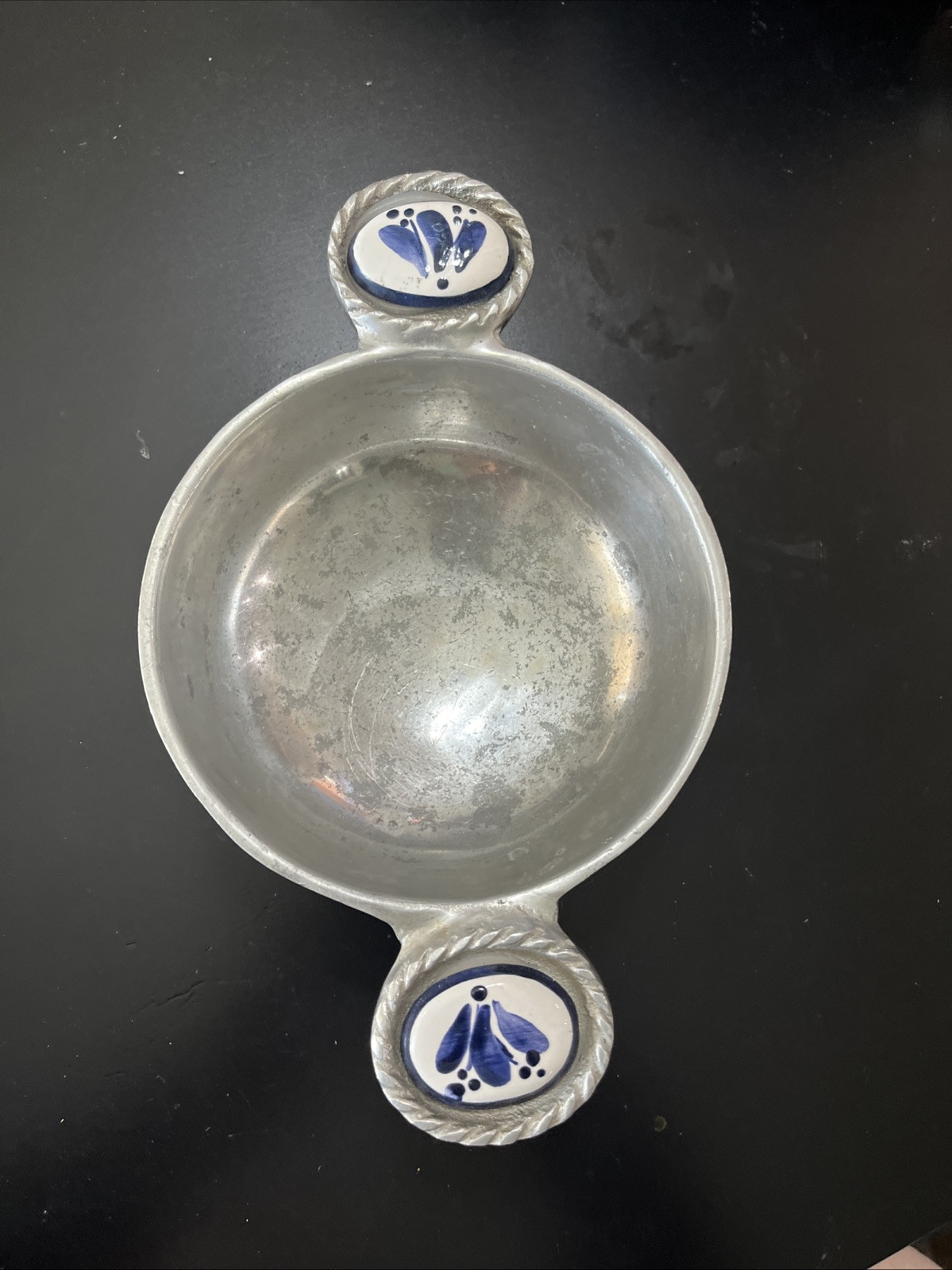 Handmade Rustic Alumminum Bowl With Blue And White Pottery Detailed Handles